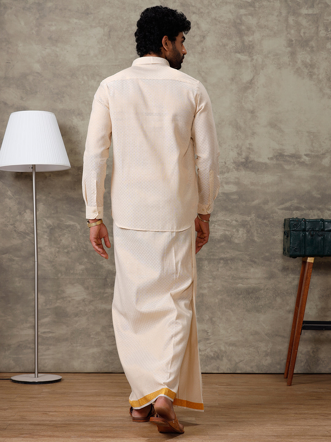 Tissue Gold Jacquard Shirt, Dhoti & Towel Set - GD13