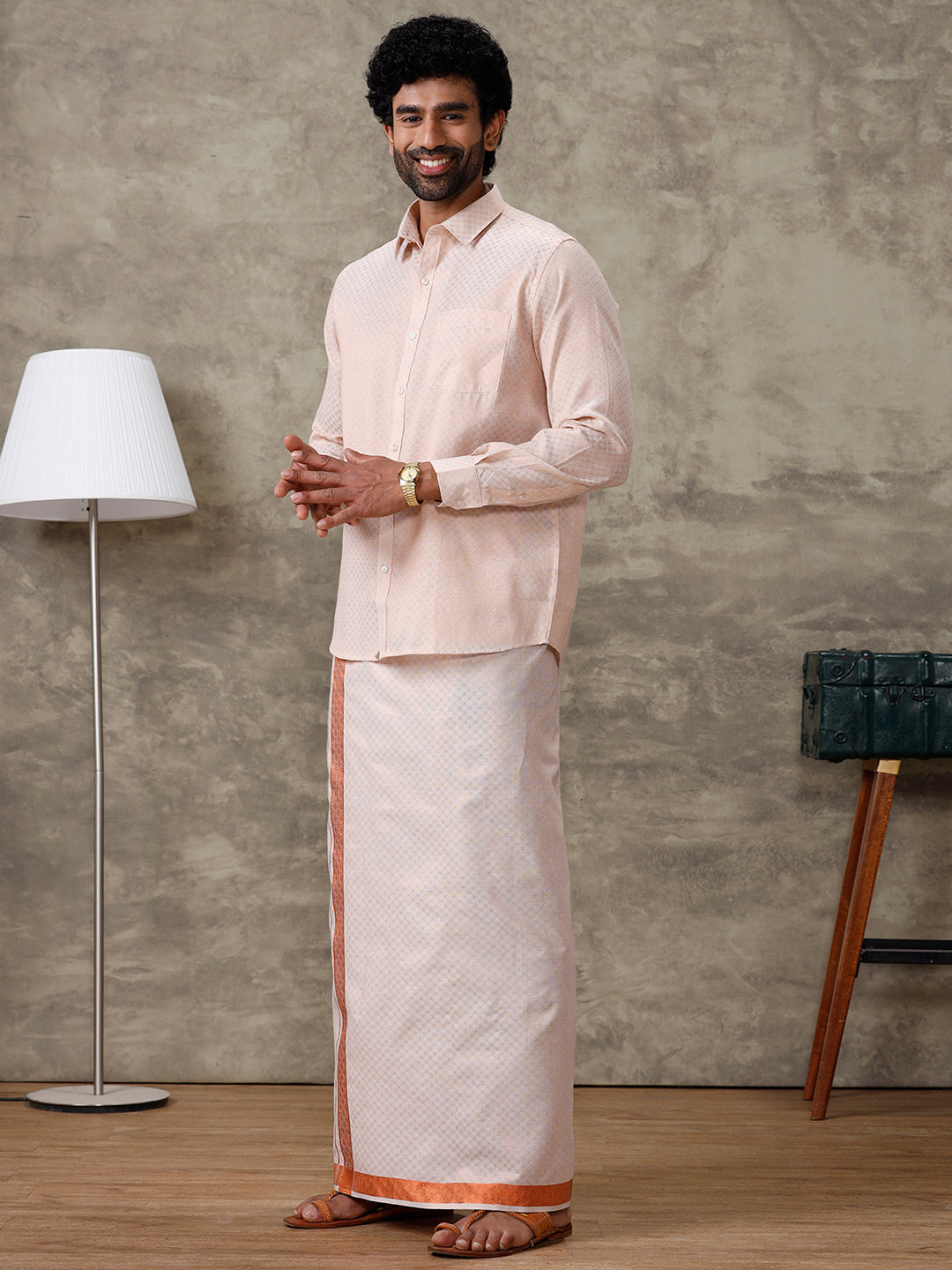 Men Copper Tissue Jacquard Full Sleeves Shirt with Matching Dhoti Set CD13