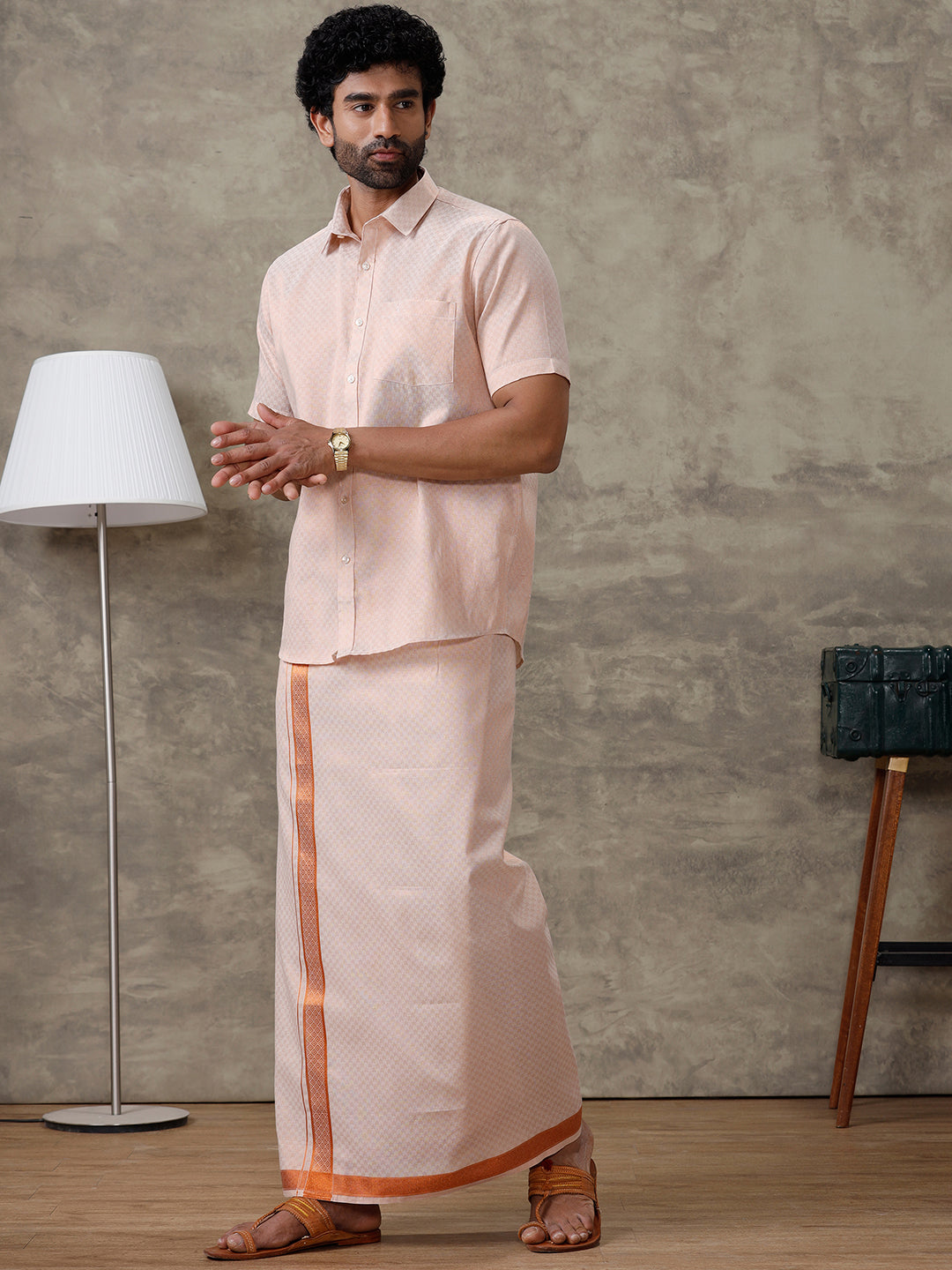 Men Copper Tissue Jacquard Half Sleeves Shirt with Matching Dhoti Set CD11