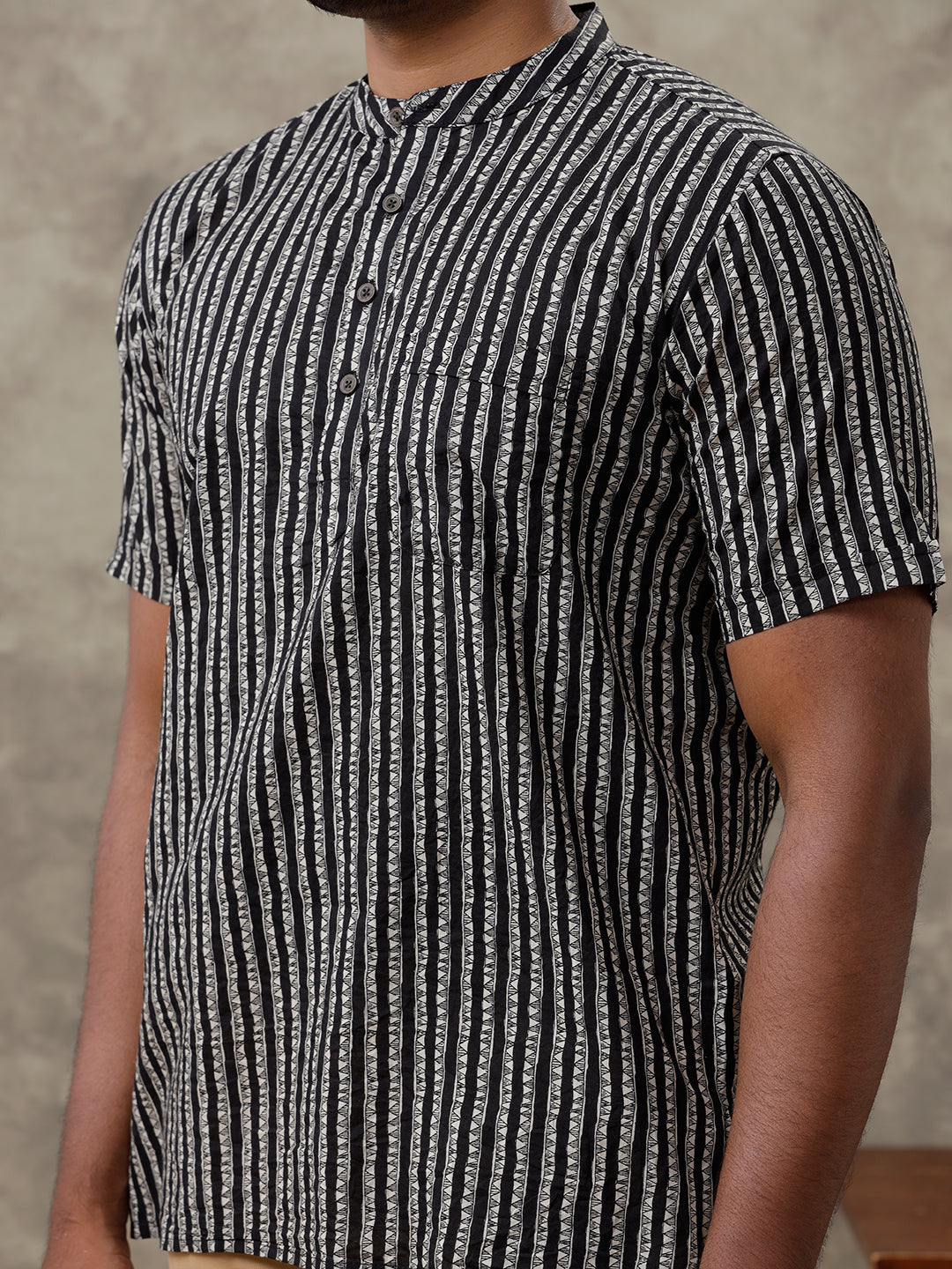 Men Cotton Short Length Striped Pocket Kurta Black OE4
