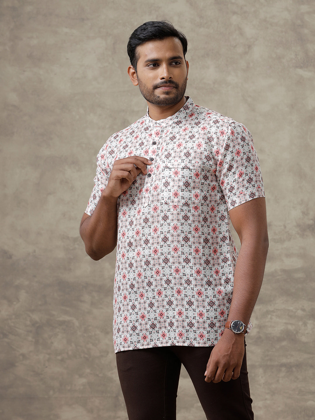 Men Cotton Short Length Printed Pocket Kurta Orangy Cream RI01