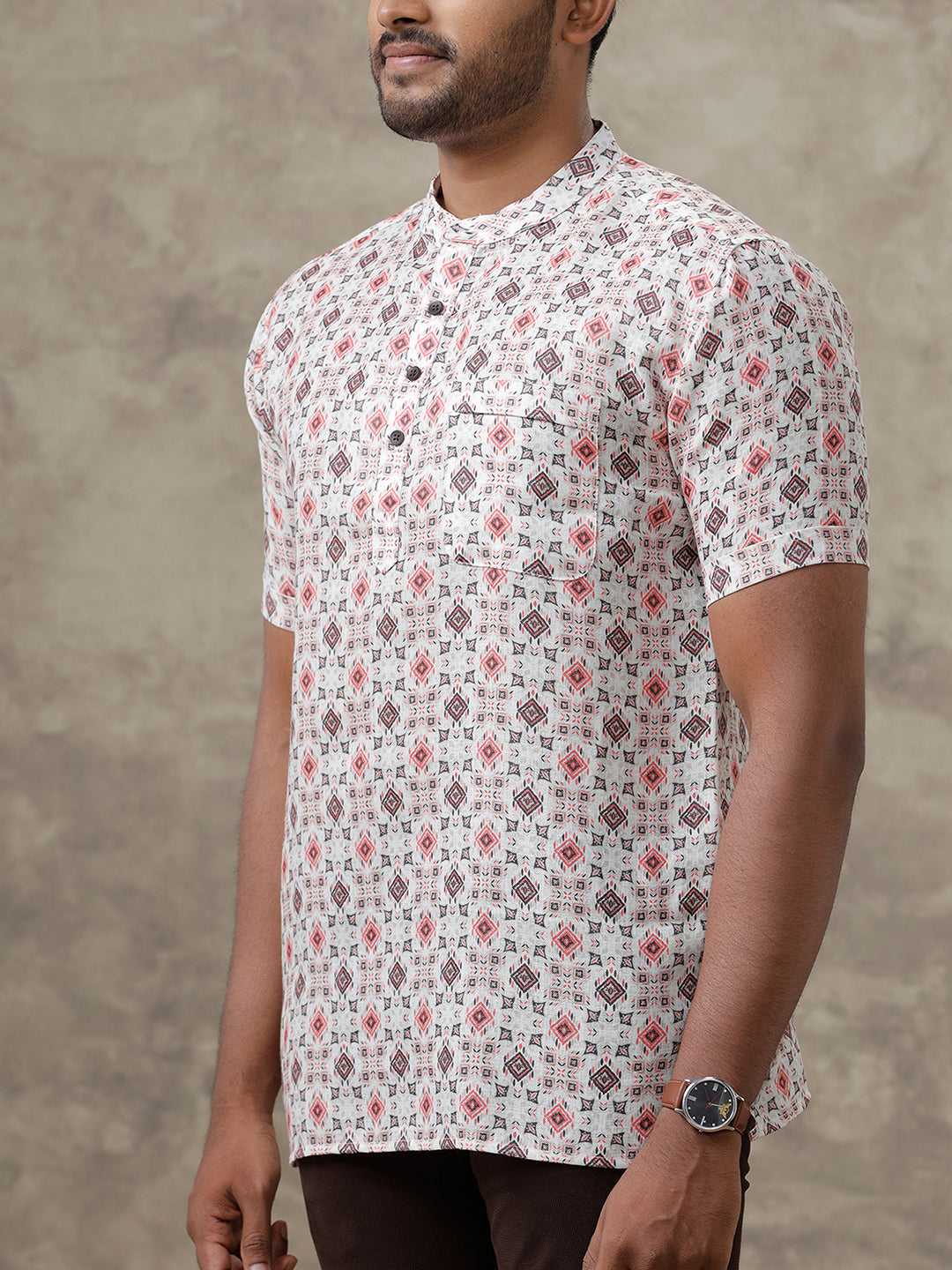 Men Cotton Short Length Printed Pocket Kurta Orangy Cream RI01