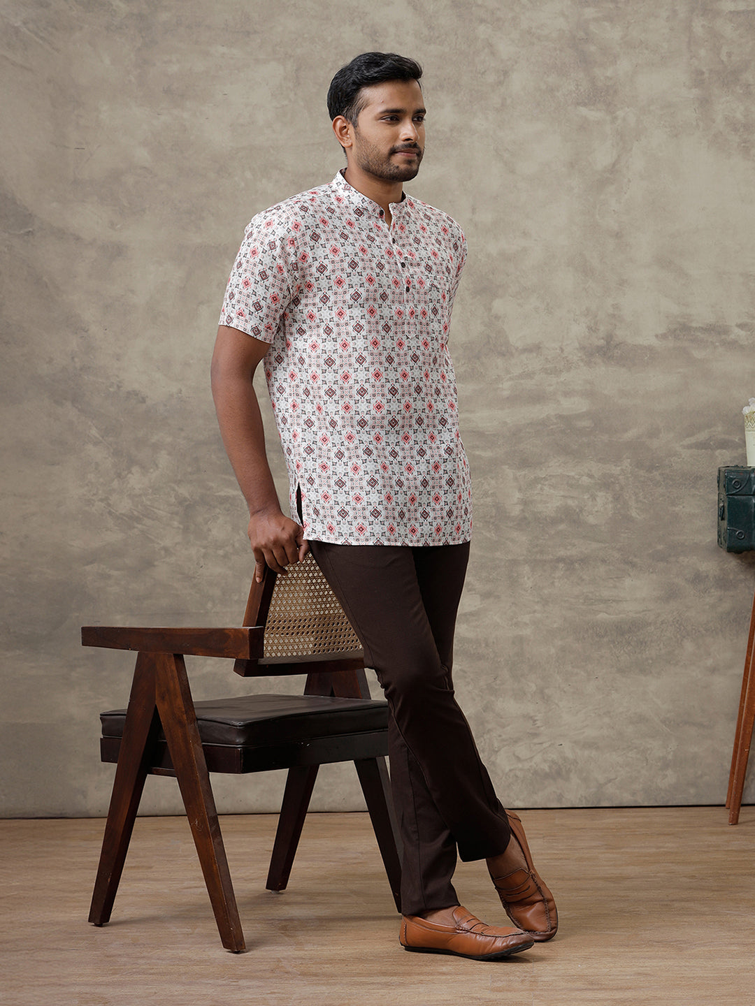 Men Cotton Short Length Printed Pocket Kurta Orangy Cream RI01