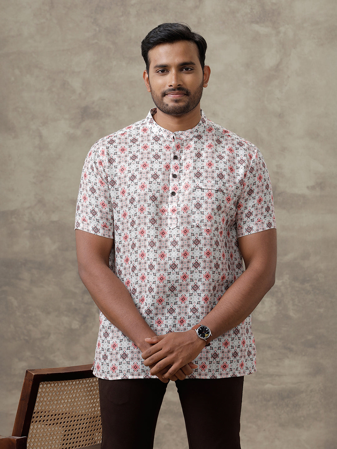 Men Cotton Short Length Printed Pocket Kurta Orangy Cream RI01