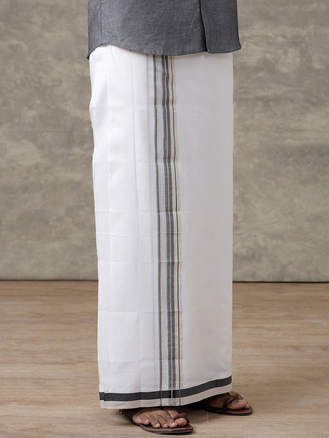 Men 100% Cotton Double Layer White Dhoti with Black Fancy Jari Border EJF8