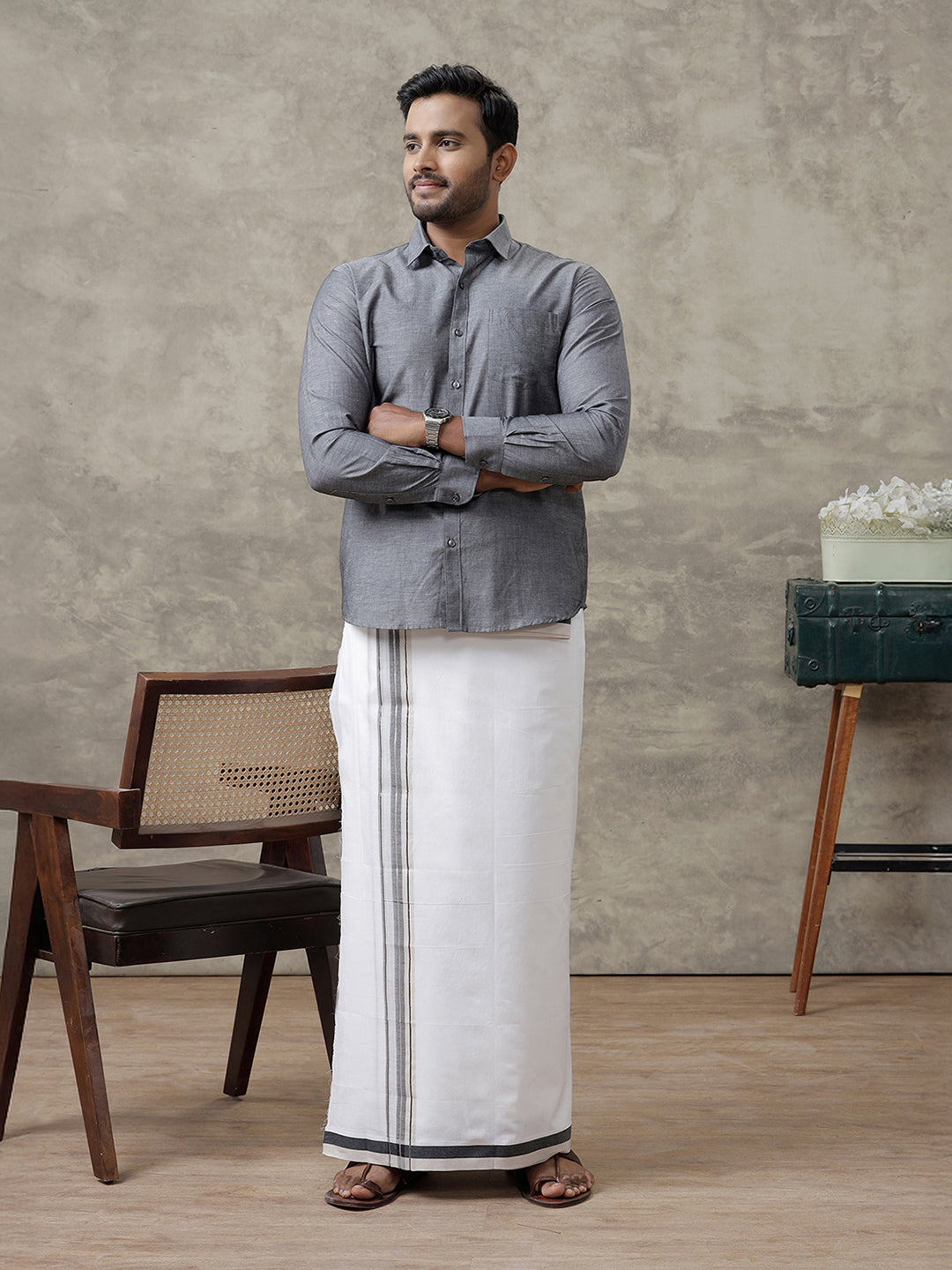 Men 100% Cotton Double Layer White Dhoti with Black Fancy Jari Border EJF8