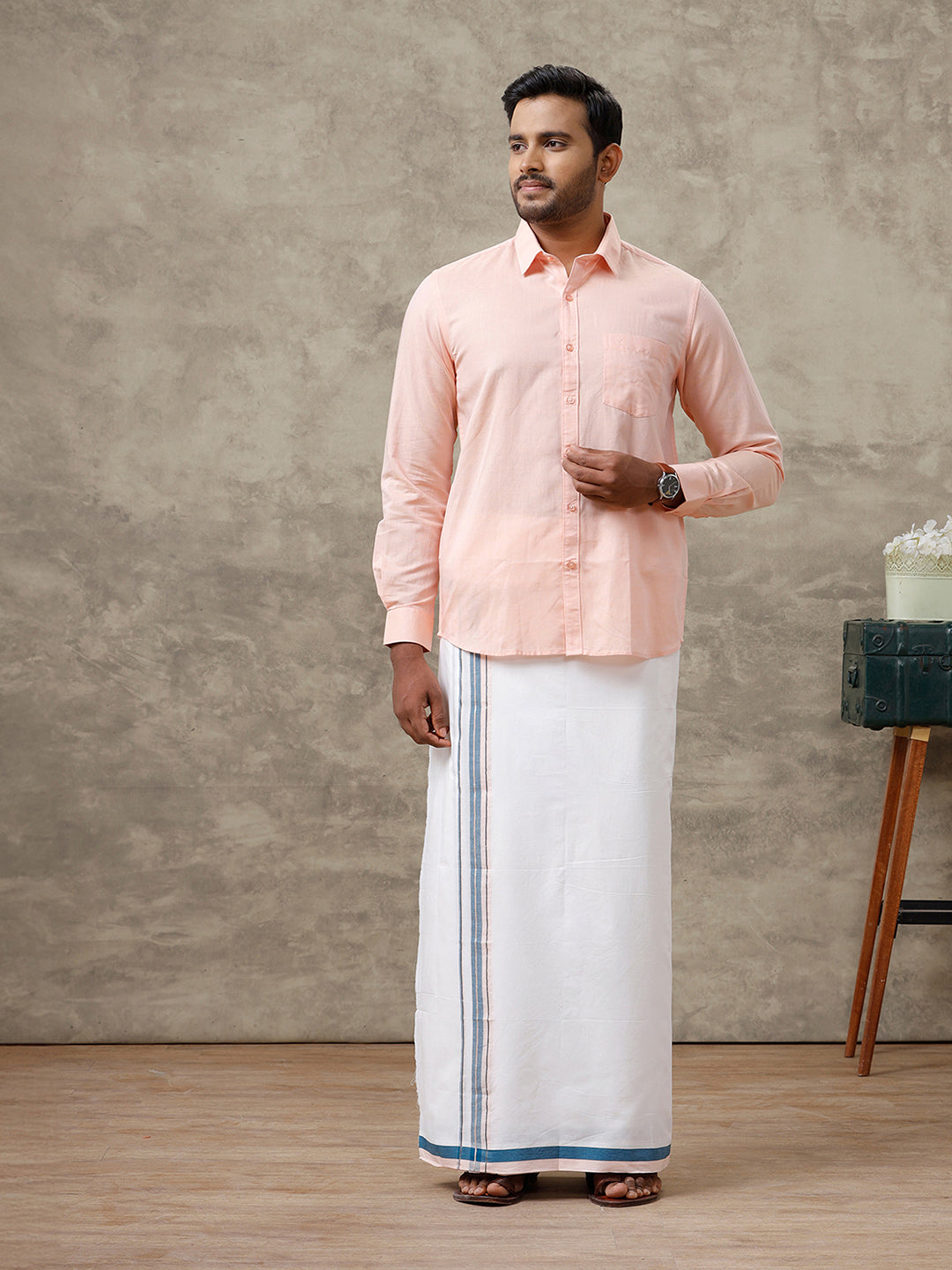 Men 100% Cotton Double Layer White Dhoti with Blue Fancy Jari Border EJF7