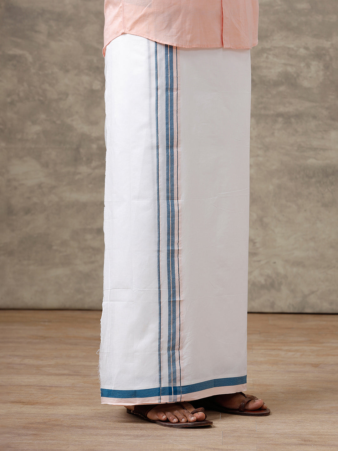 Men 100% Cotton Double Layer White Dhoti with Blue Fancy Jari Border EJF7