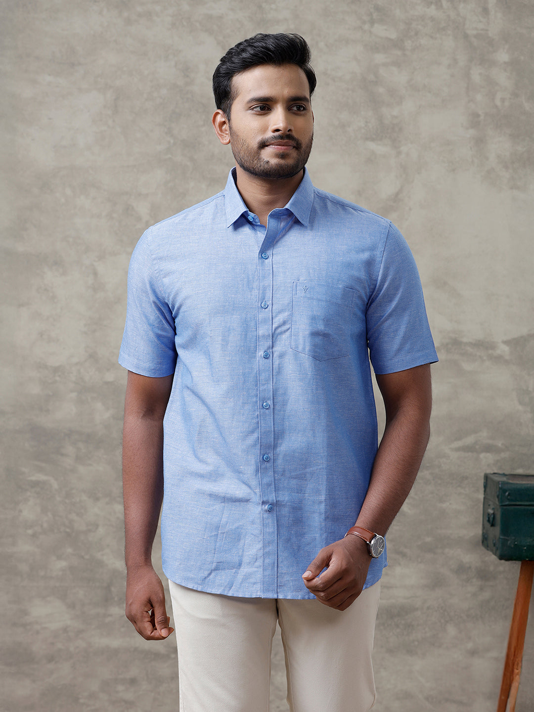 Men Linen Cotton Shirt Blue LF4