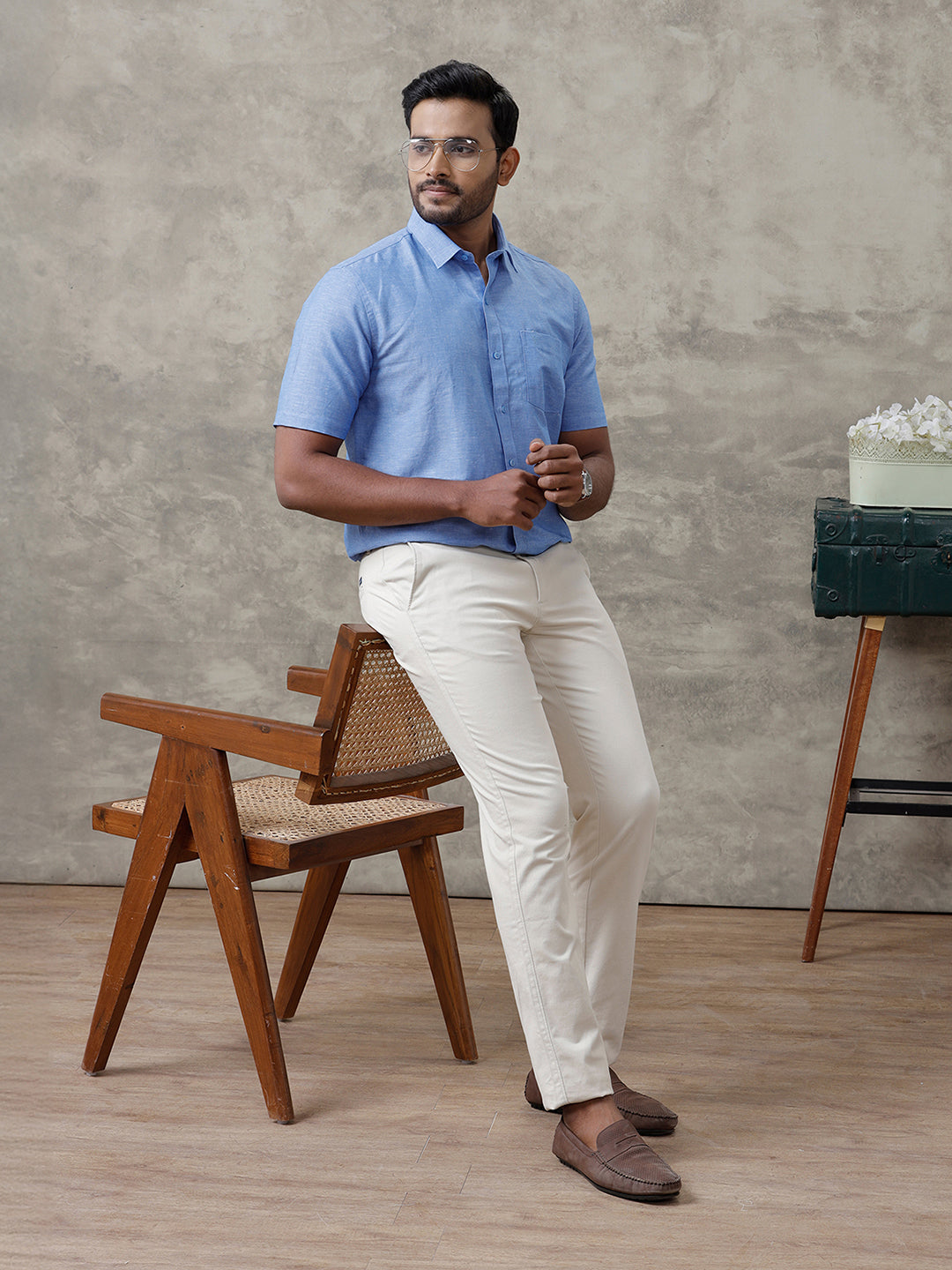 Men Linen Cotton Shirt Blue LF4