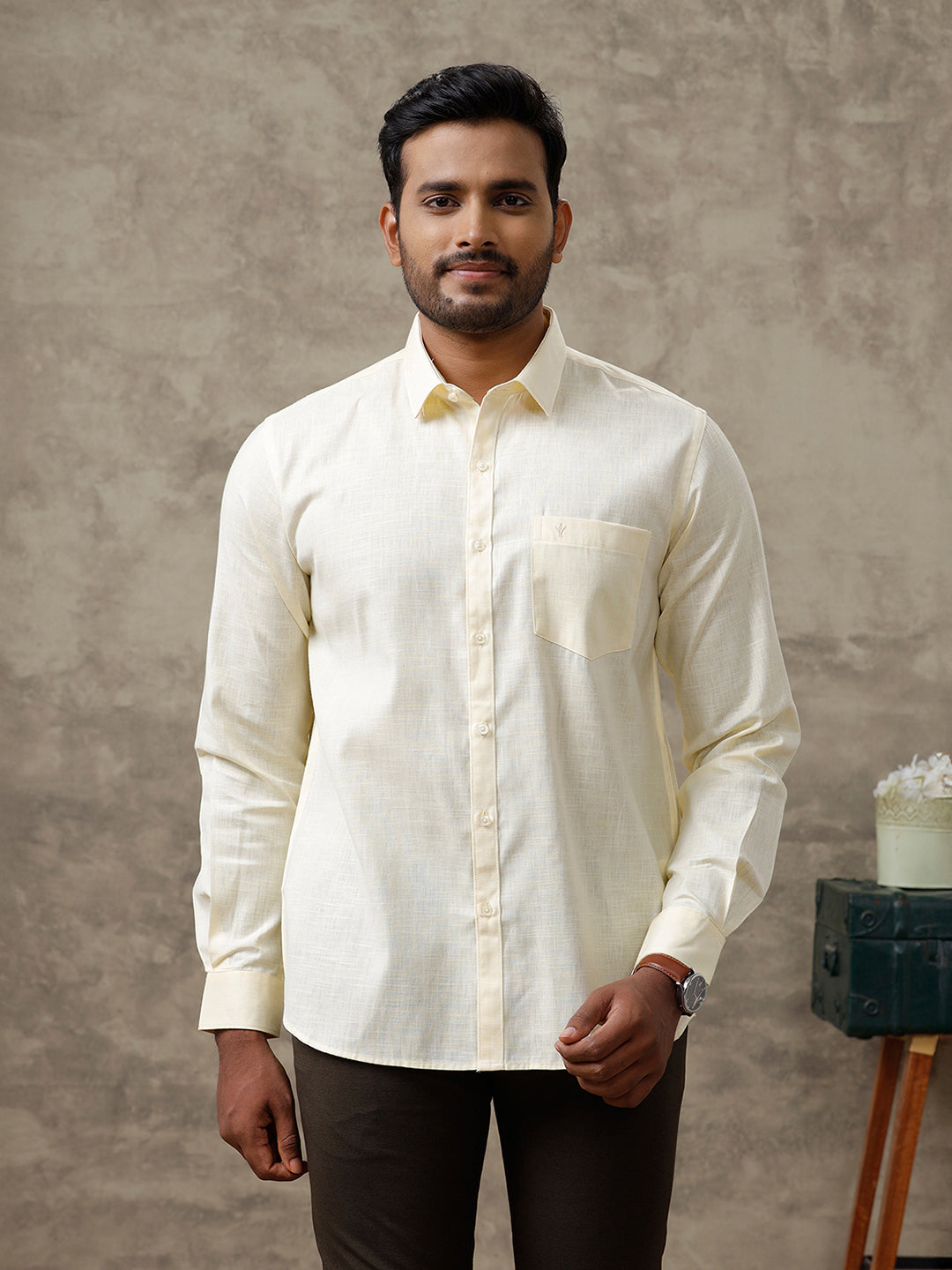 Men Cotton Rich Shirt Light Yellow T44 TT4