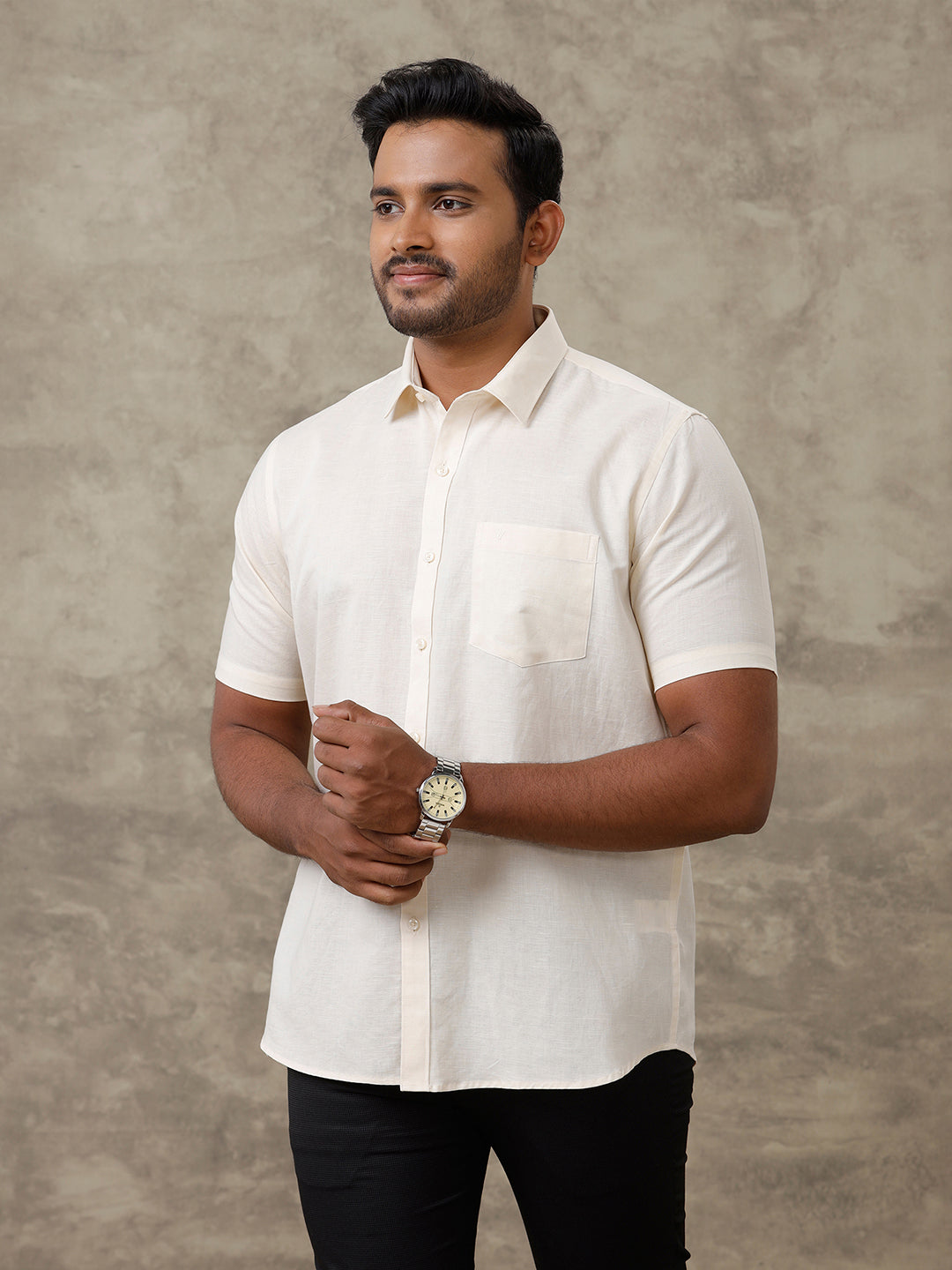 Men Linen Cotton Shirt Cream LF12