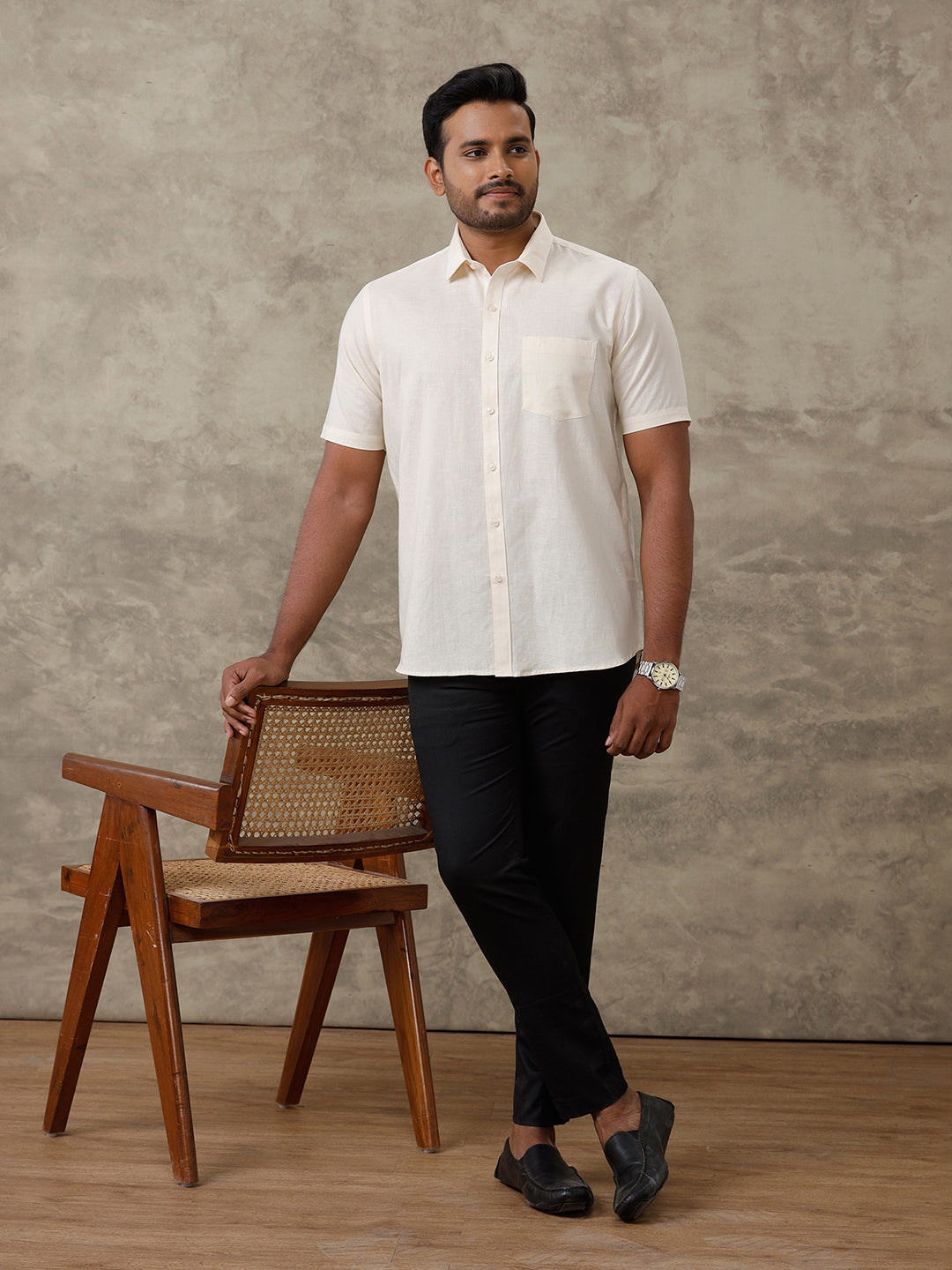 Men Linen Cotton Shirt Cream LF12