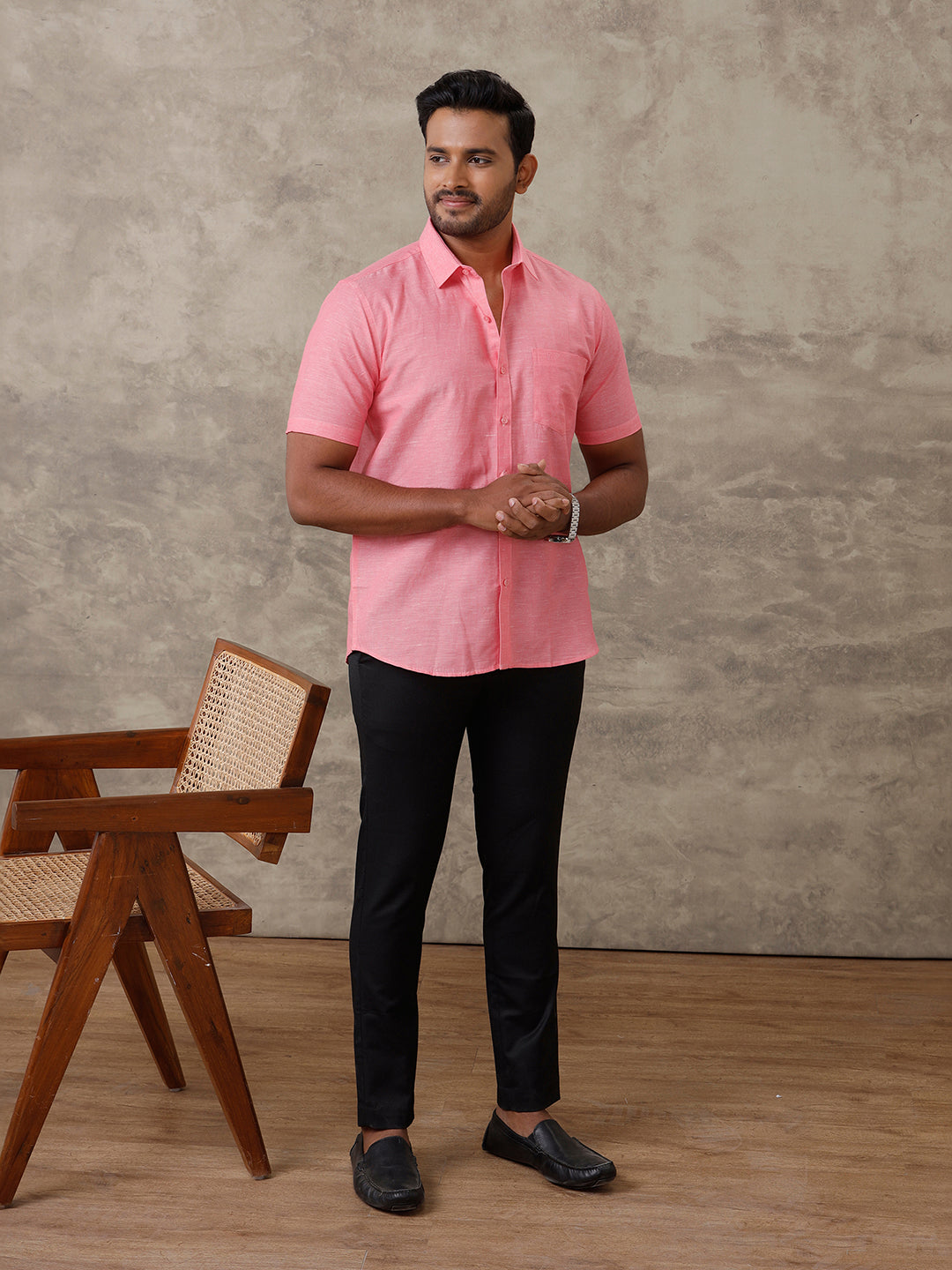 Men Linen Cotton Shirt Light Pink LF2