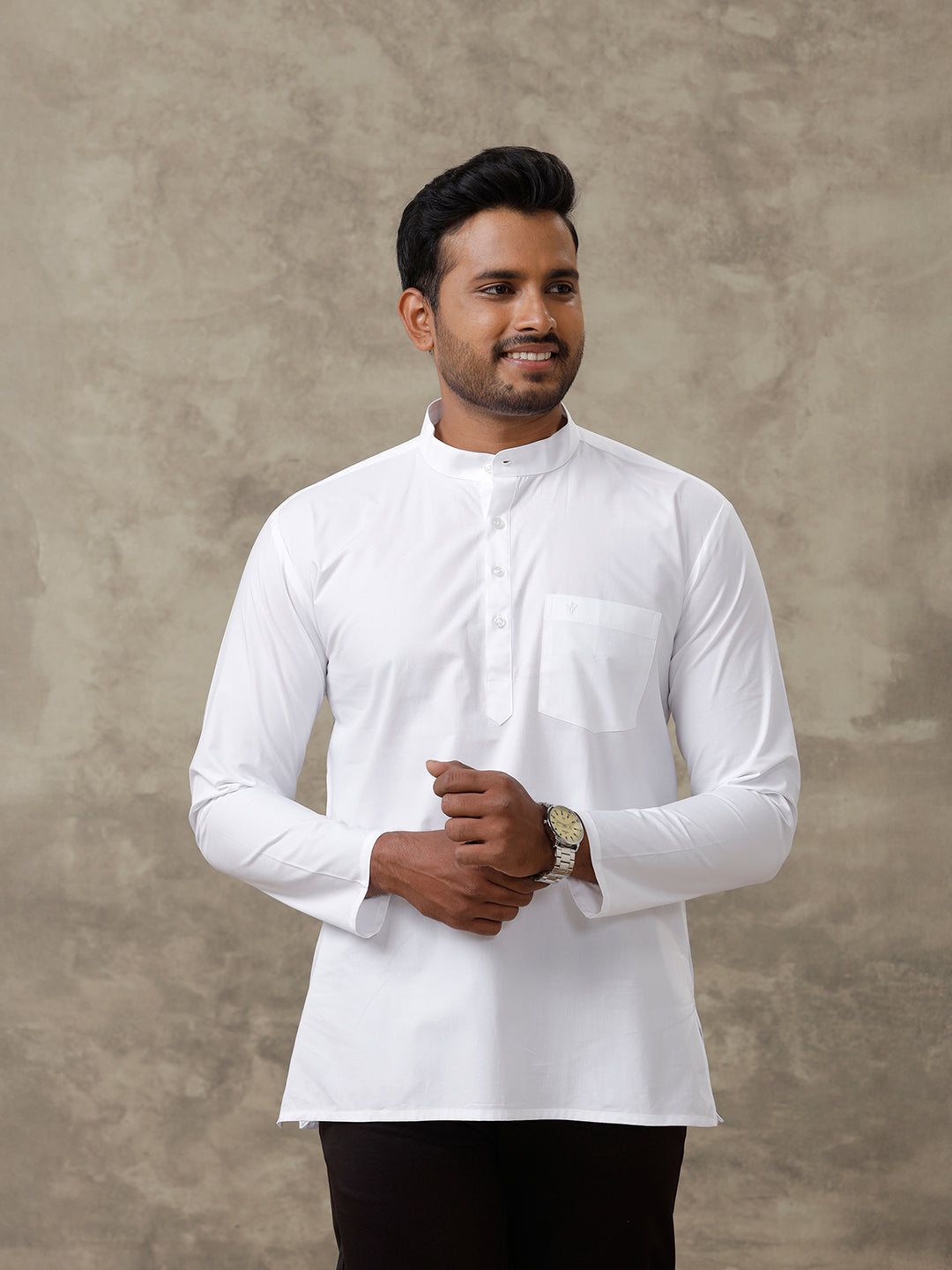 Men Cotton Short Length Plain Pocket Kurta White