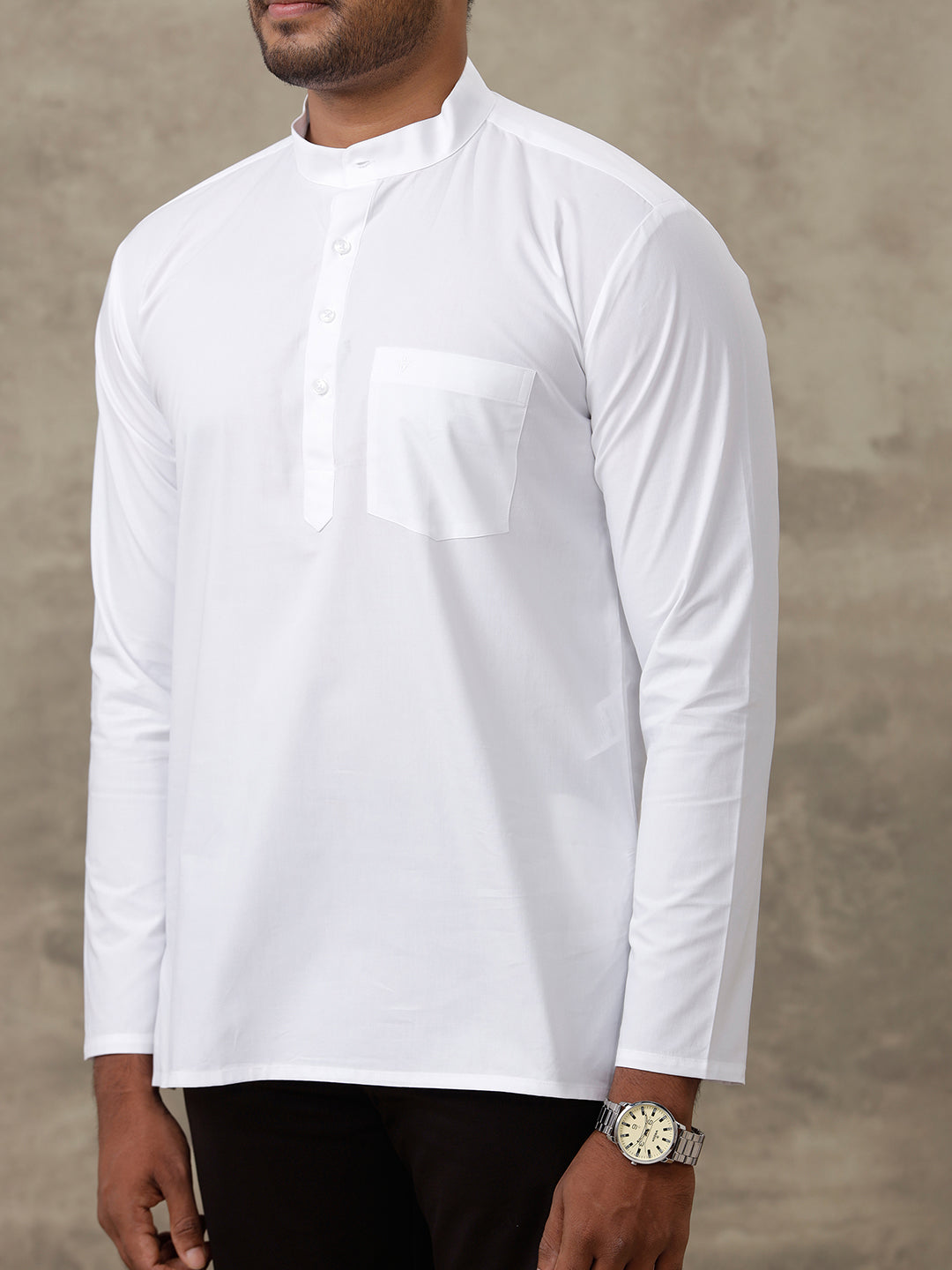 Men Cotton Short Length Plain Pocket Kurta White