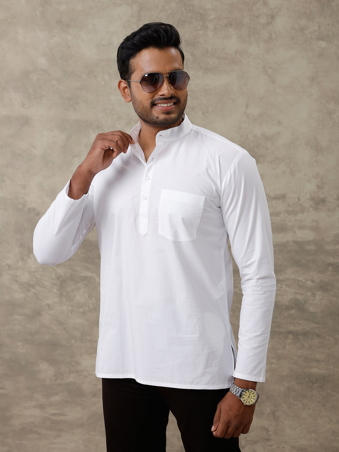 Men Cotton Short Length Plain Pocket Kurta White