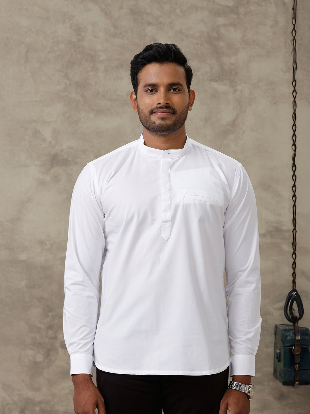 Men Cotton Short Length Plain Pocket Kurta White M16
