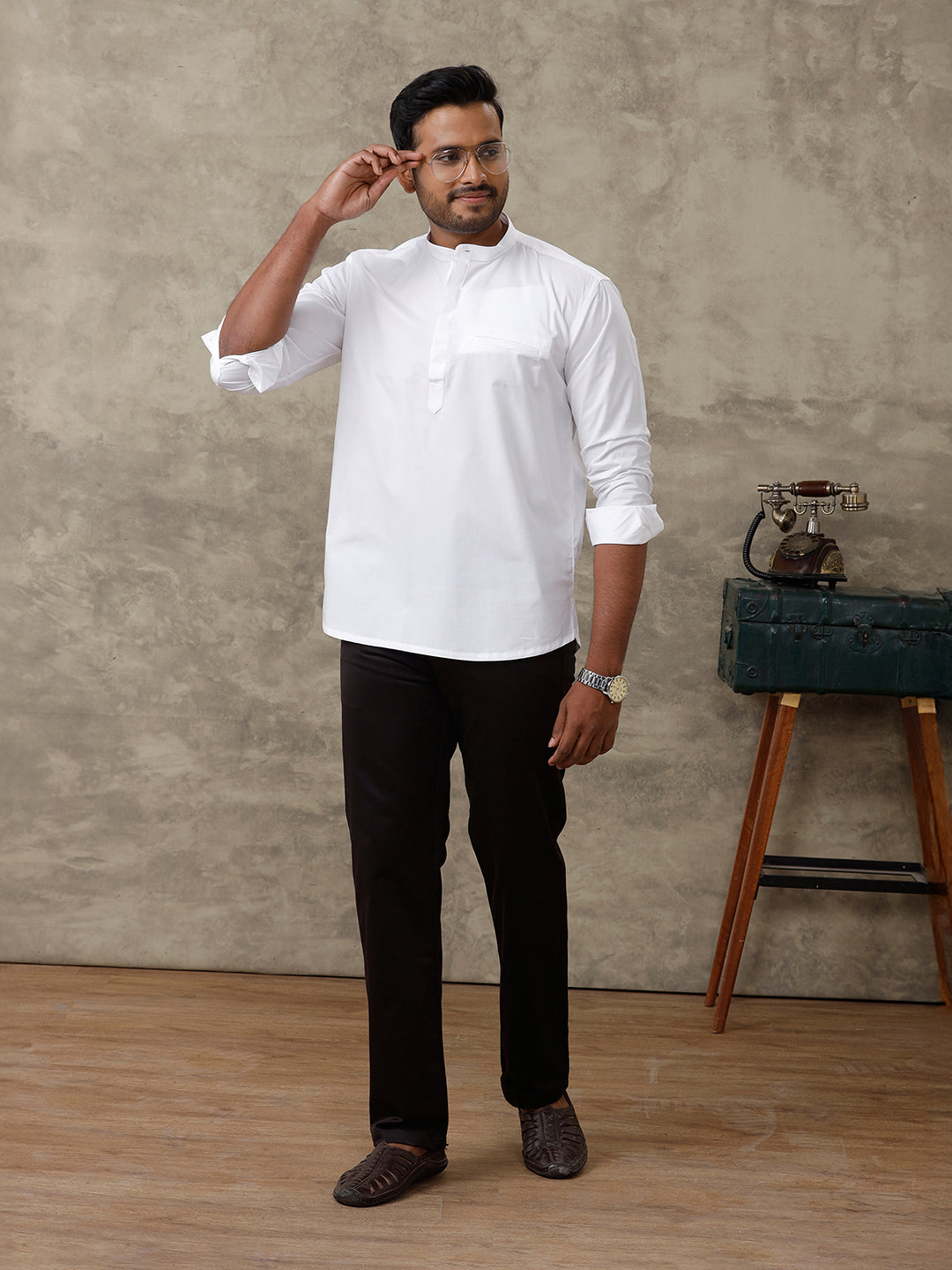 Men Cotton Short Length Plain Pocket Kurta White M16