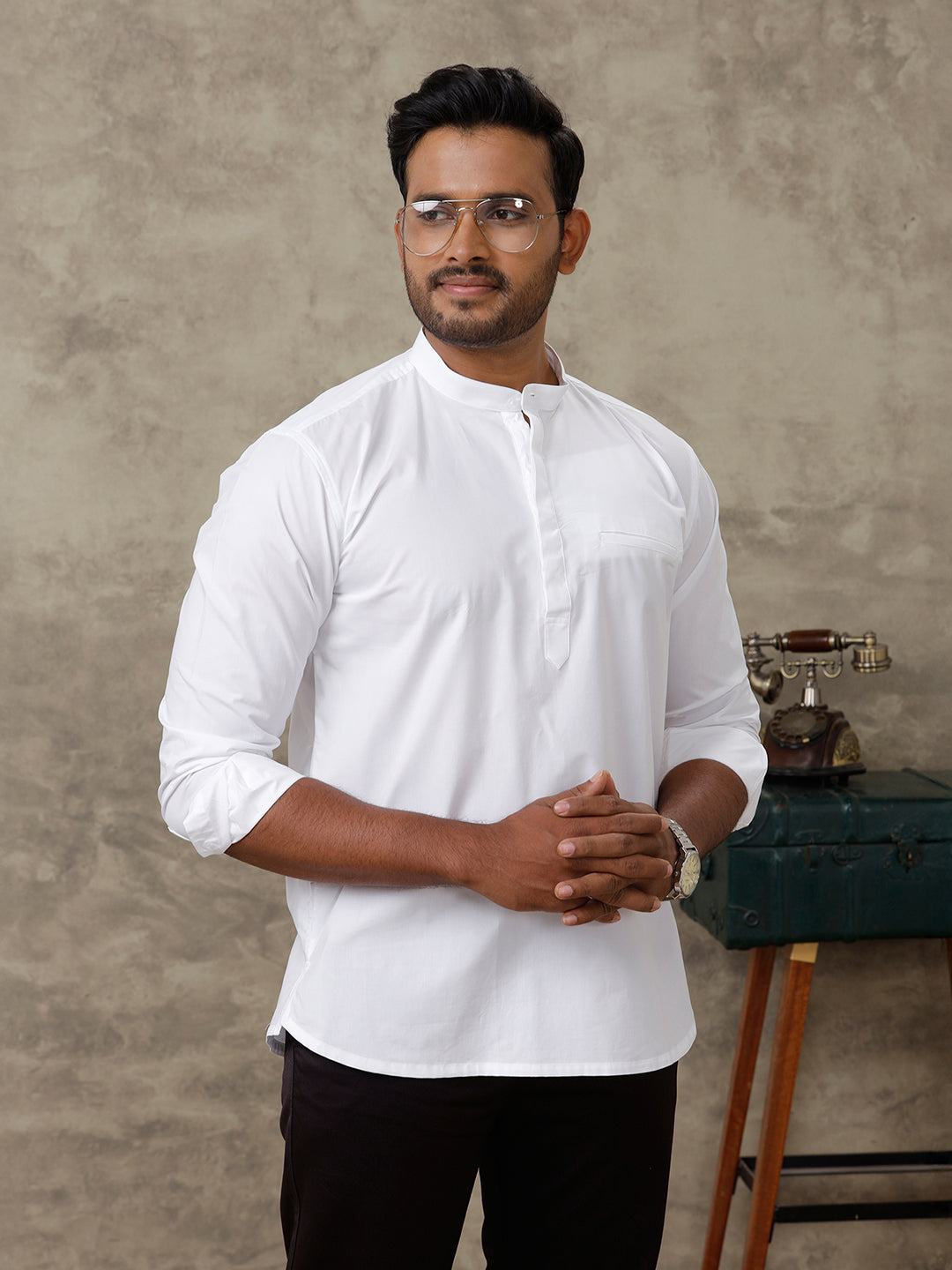 Men Cotton Short Length Plain Pocket Kurta White M16