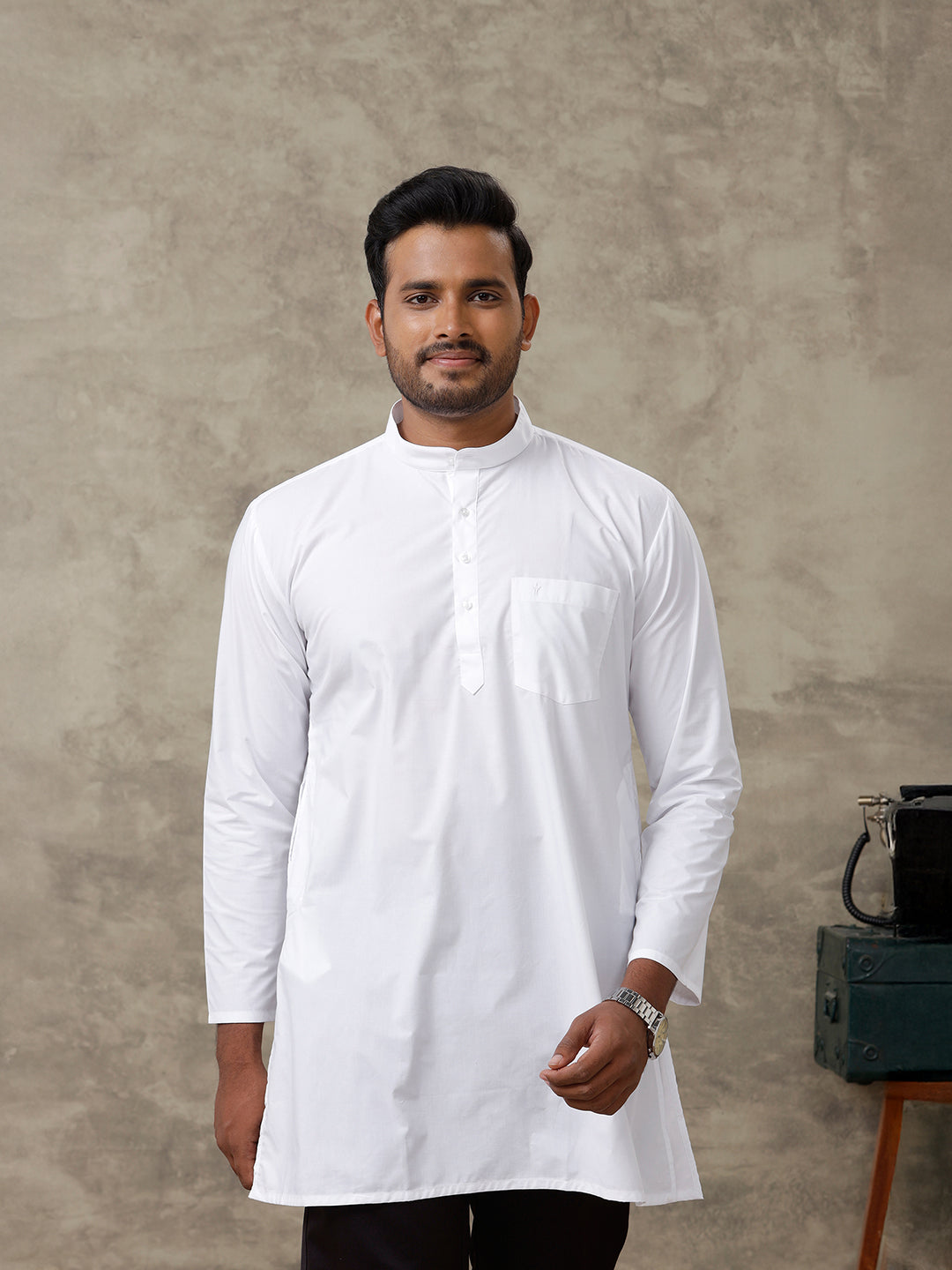 Men Cotton Medium Length Plain Pocket Kurta White