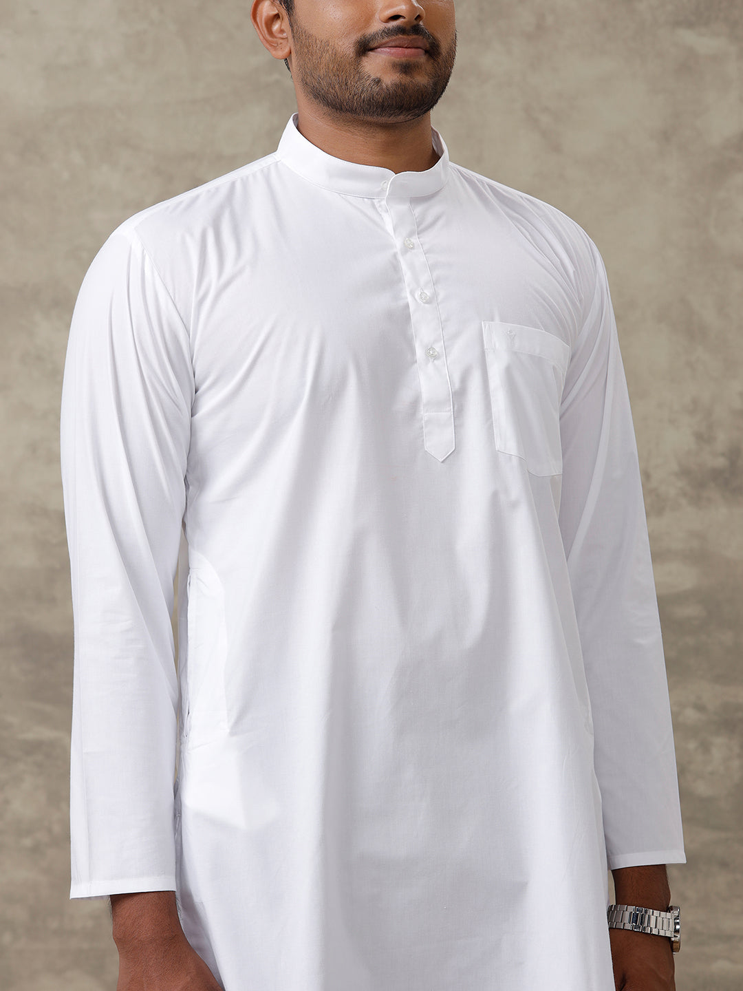 Men Cotton Medium Length Plain Pocket Kurta White