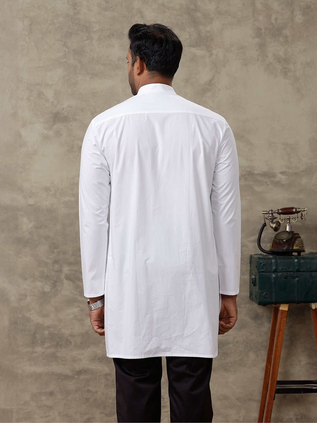 Men Cotton Medium Length Plain Kurta White