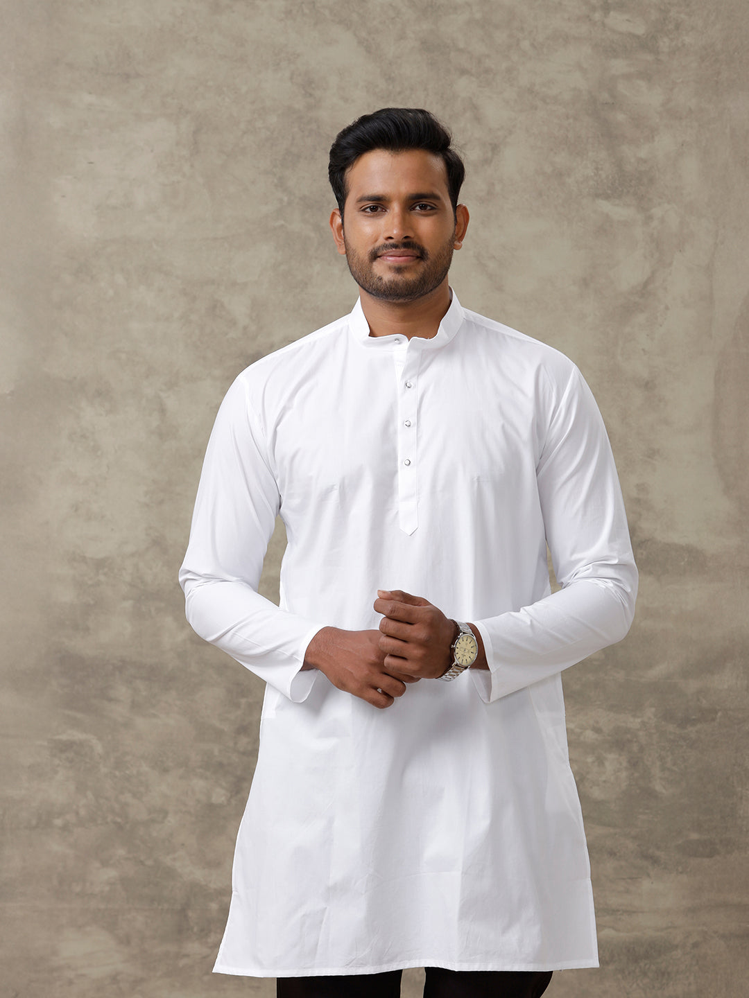 Men Cotton Medium Length Plain Kurta White
