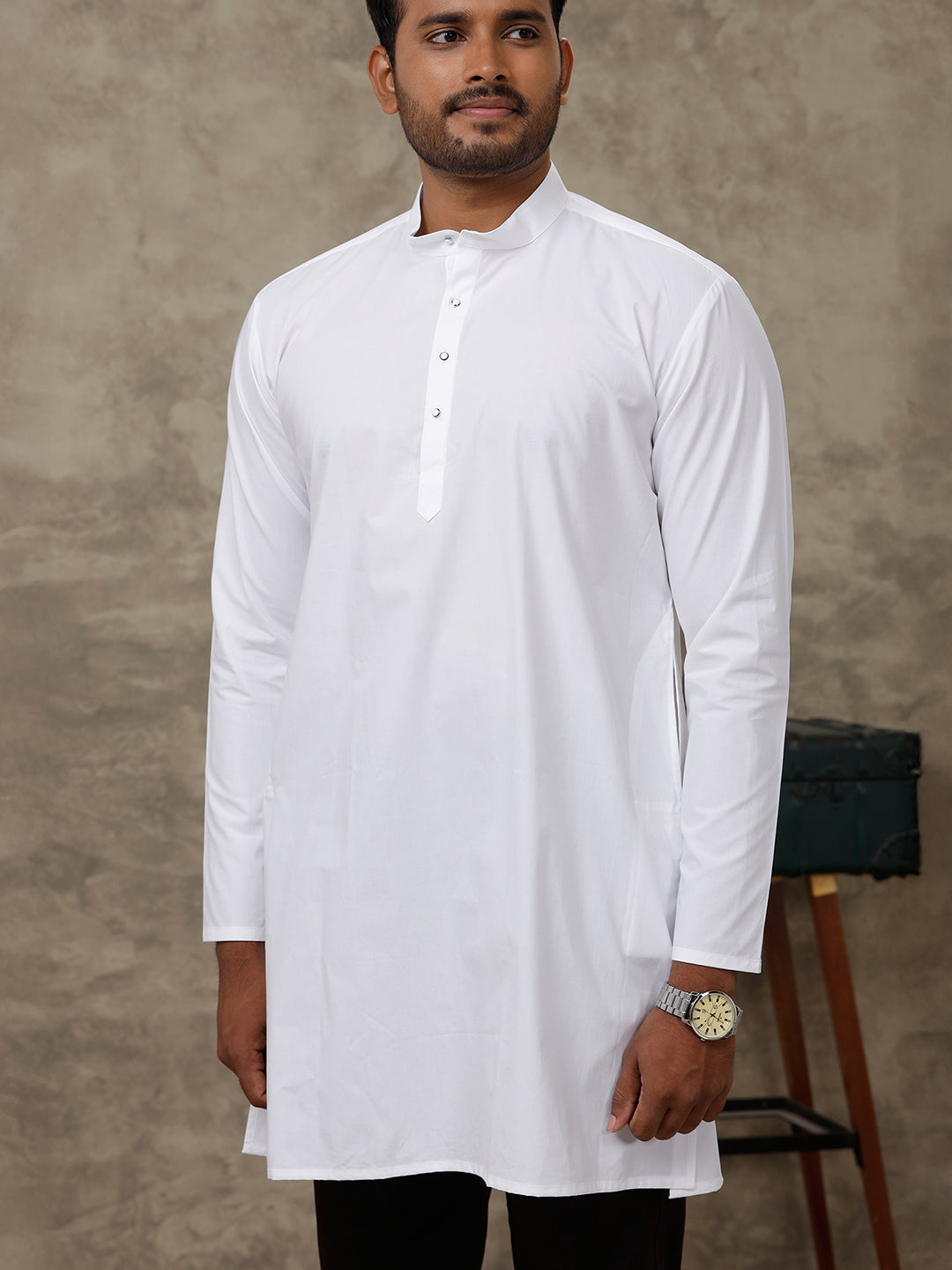 Men Cotton Medium Length Plain Kurta White