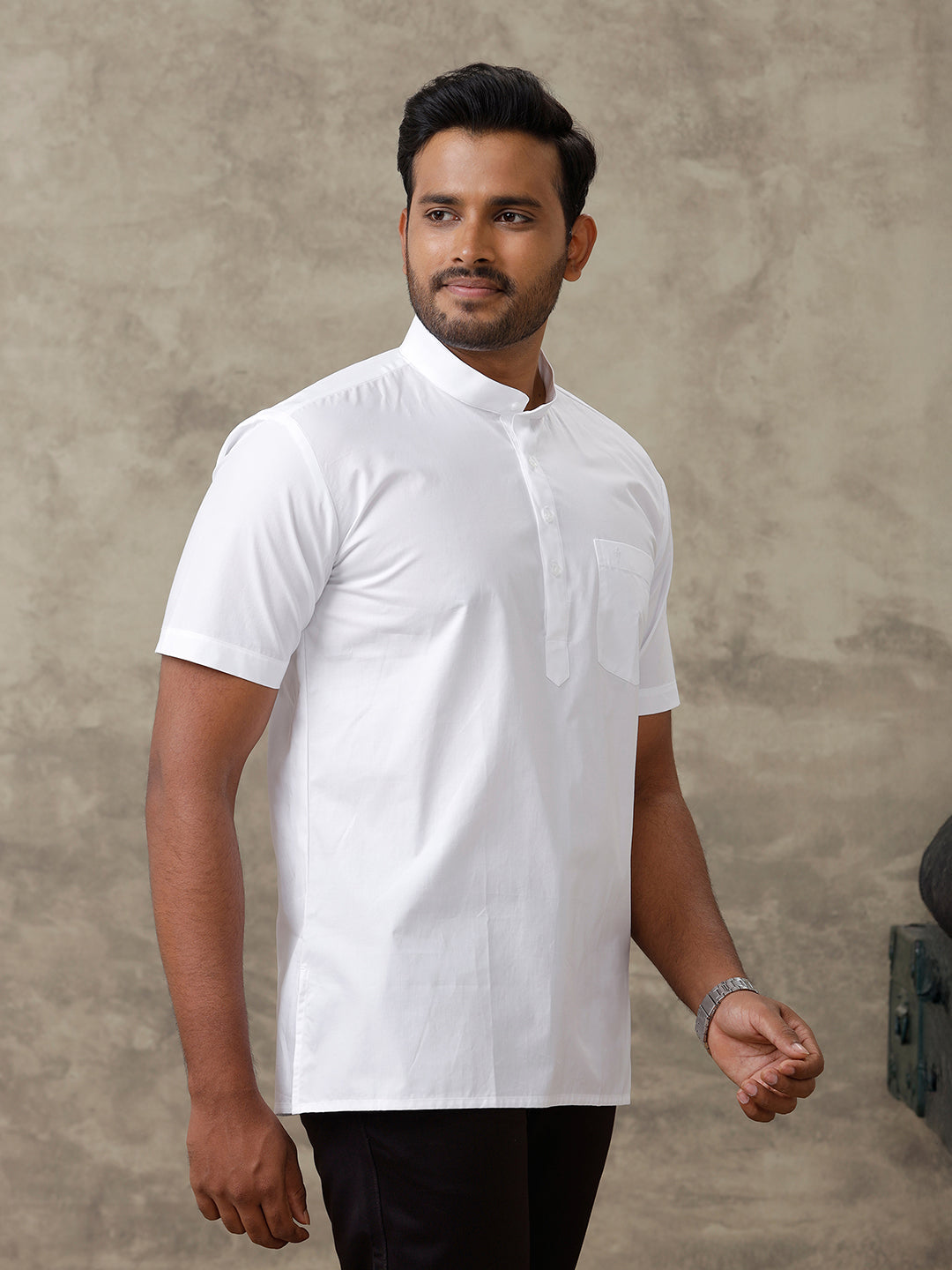 Men Cotton Short Length Plain Pocket Kurta White