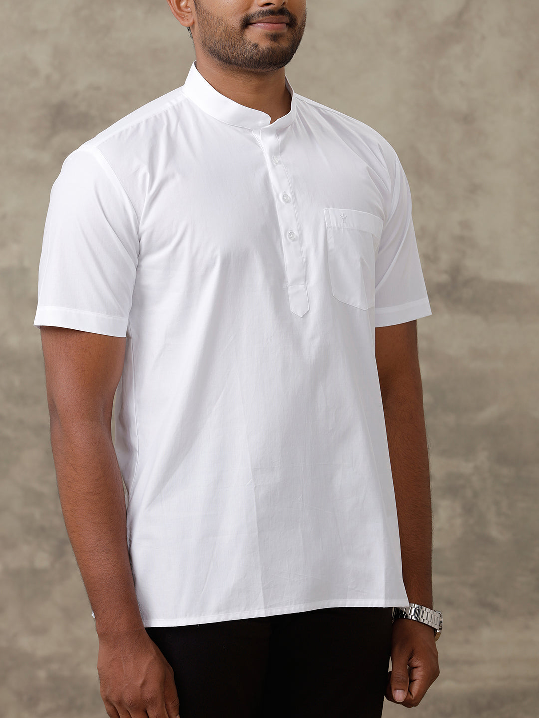Men Cotton Short Length Plain Pocket Kurta White