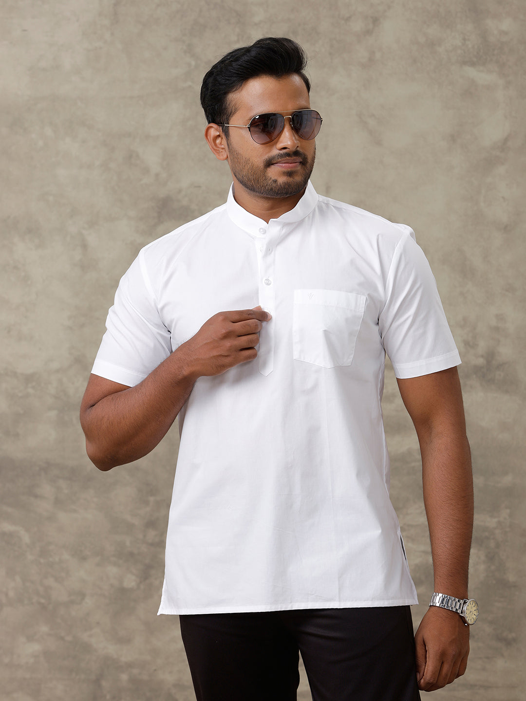 Men Cotton Short Length Plain Pocket Kurta White