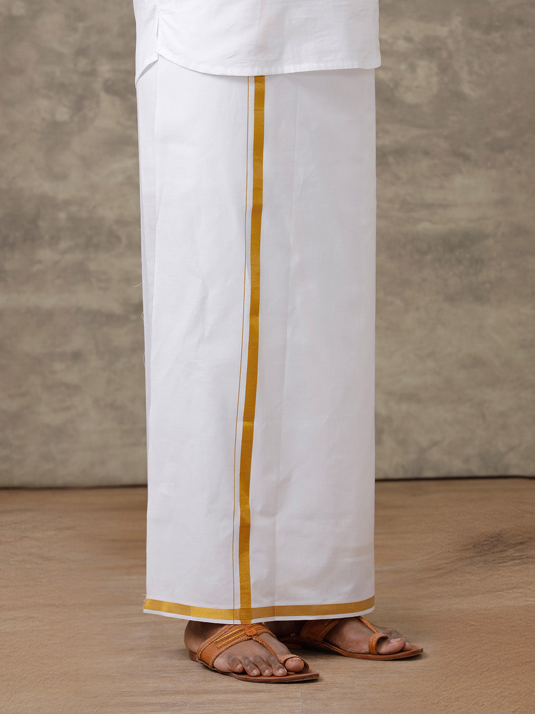 Men Full Sleeves White Medium Length Kurta with 3/4" inch Gold Jari Dhoti Combo