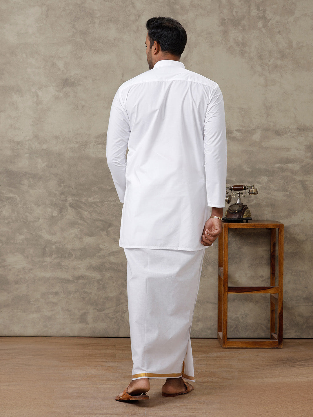 Men Full Sleeves White Medium Length Kurta with 3/4" inch Gold Jari Dhoti Combo