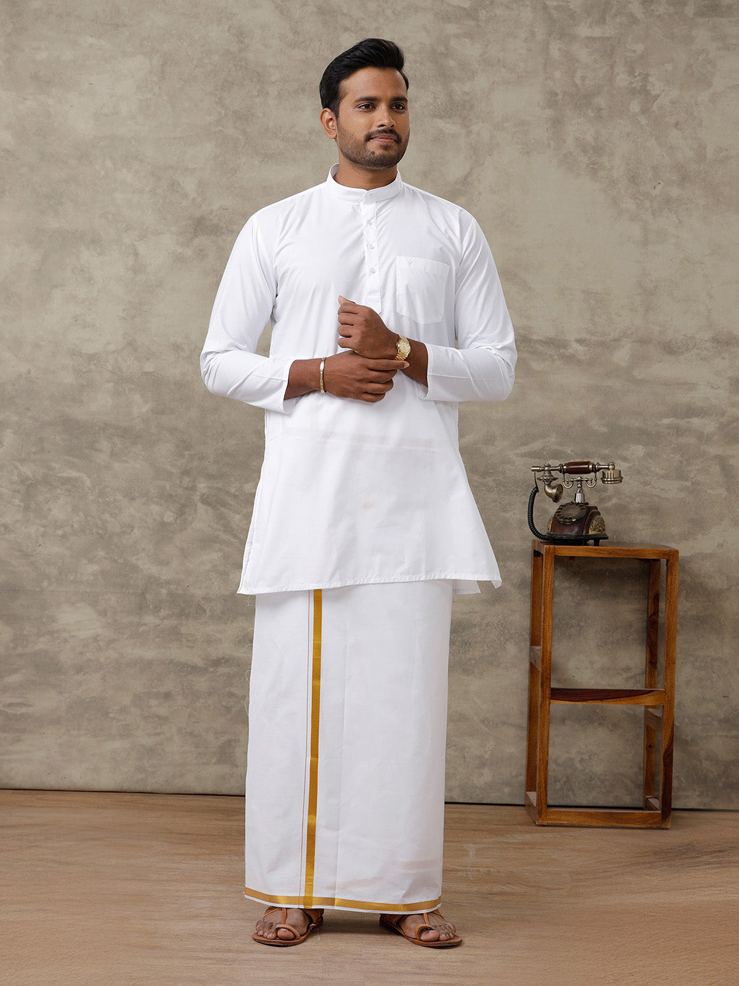 Men Full Sleeves White Medium Length Kurta with 3/4" inch Gold Jari Dhoti Combo