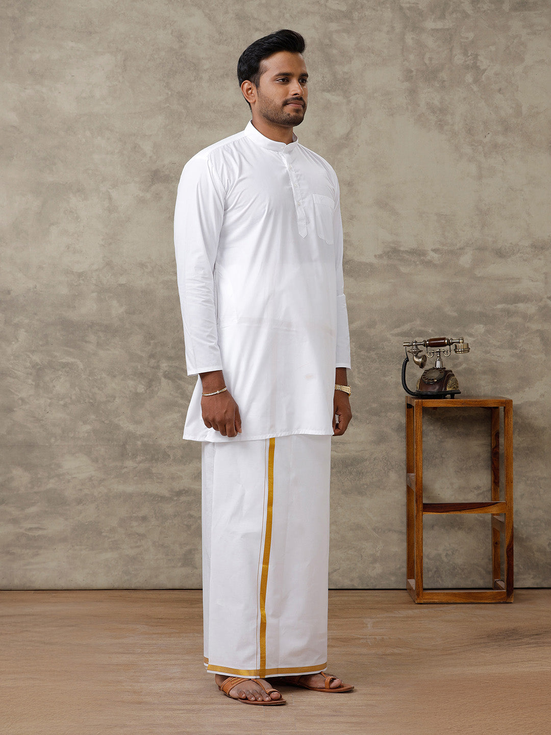 Men Full Sleeves White Medium Length Kurta with 3/4" inch Gold Jari Dhoti Combo
