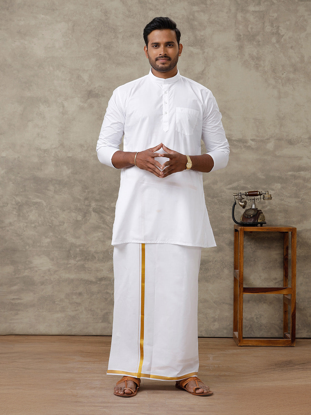 Men Full Sleeves White Medium Length Kurta with 3/4" inch Gold Jari Dhoti Combo