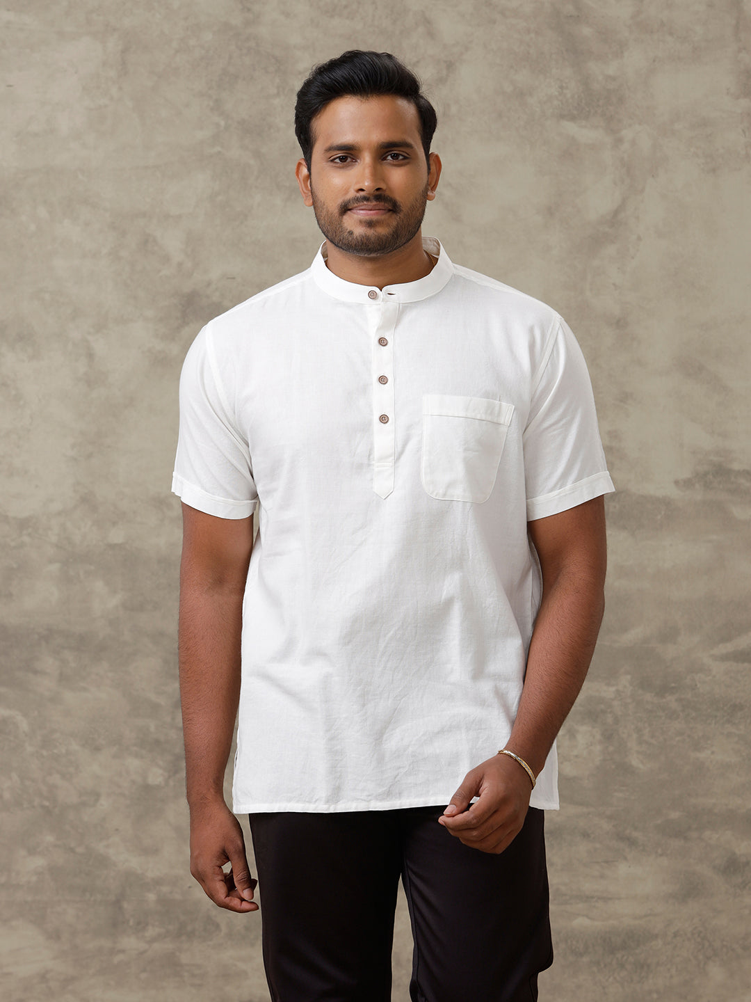 Men Cotton Short Length Plain Pocket Kurta Ceramic White PB16