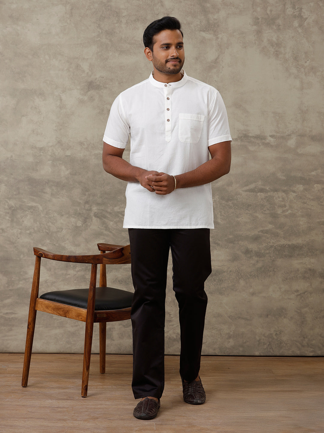 Men Cotton Short Length Plain Pocket Kurta Ceramic White PB16