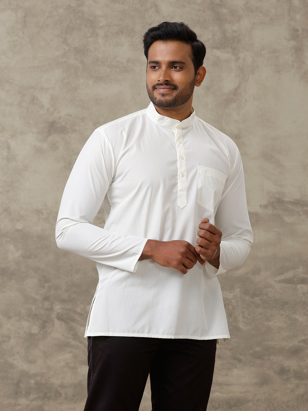 Men Cotton Short Length Plain Pocket Kurta Cream
