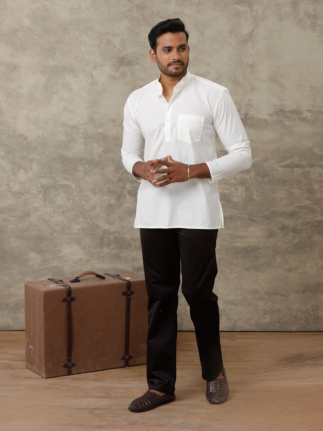 Men Cotton Short Length Plain Pocket Kurta Cream