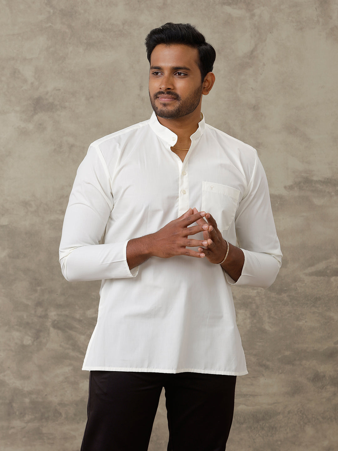 Men Cotton Short Length Plain Pocket Kurta Cream