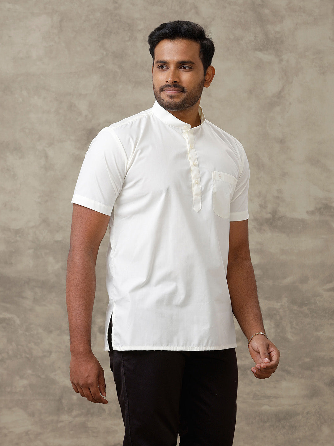 Men Cotton Short Length Plain Pocket Kurta Cream