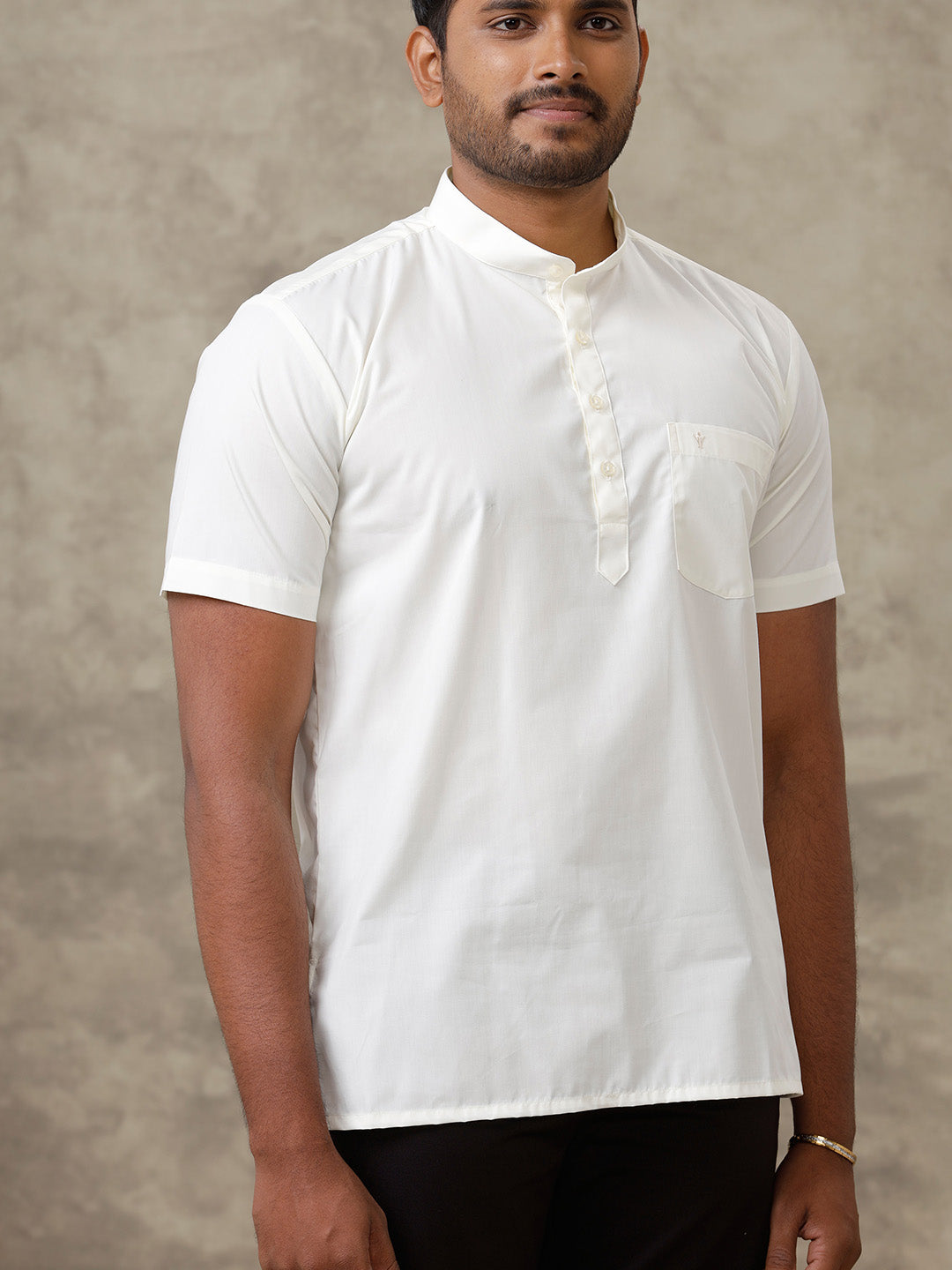 Men Cotton Short Length Plain Pocket Kurta Cream