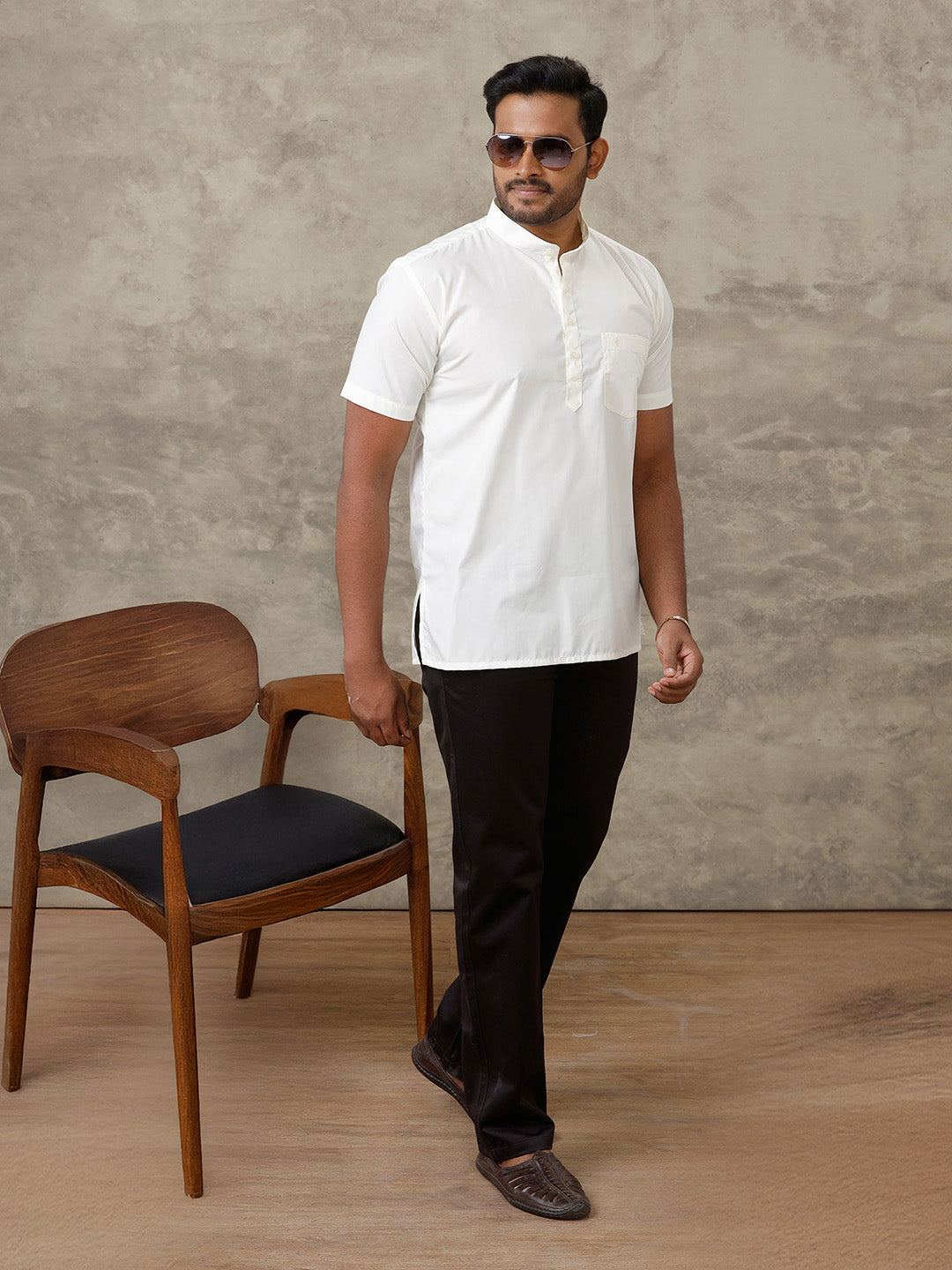Men Cotton Short Length Plain Pocket Kurta Cream