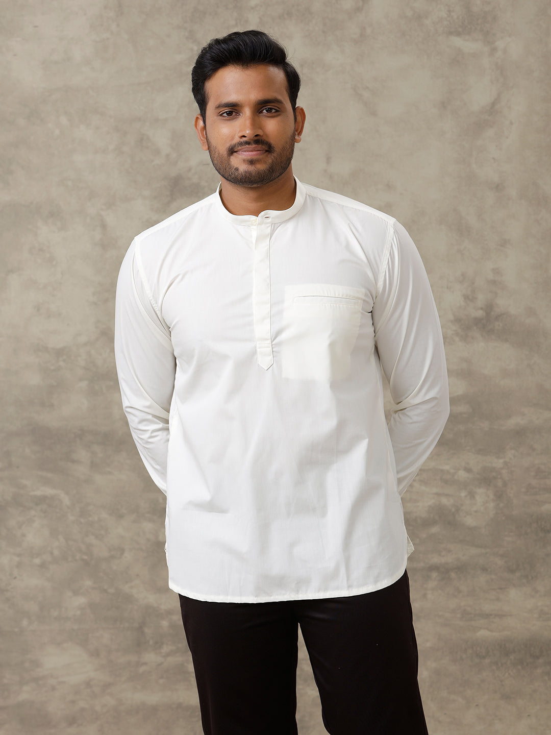 Men Cotton Short Length Plain Pocket Kurta Cream M16