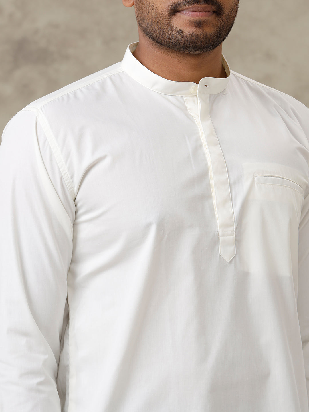 Men Cotton Short Length Plain Pocket Kurta Cream M16