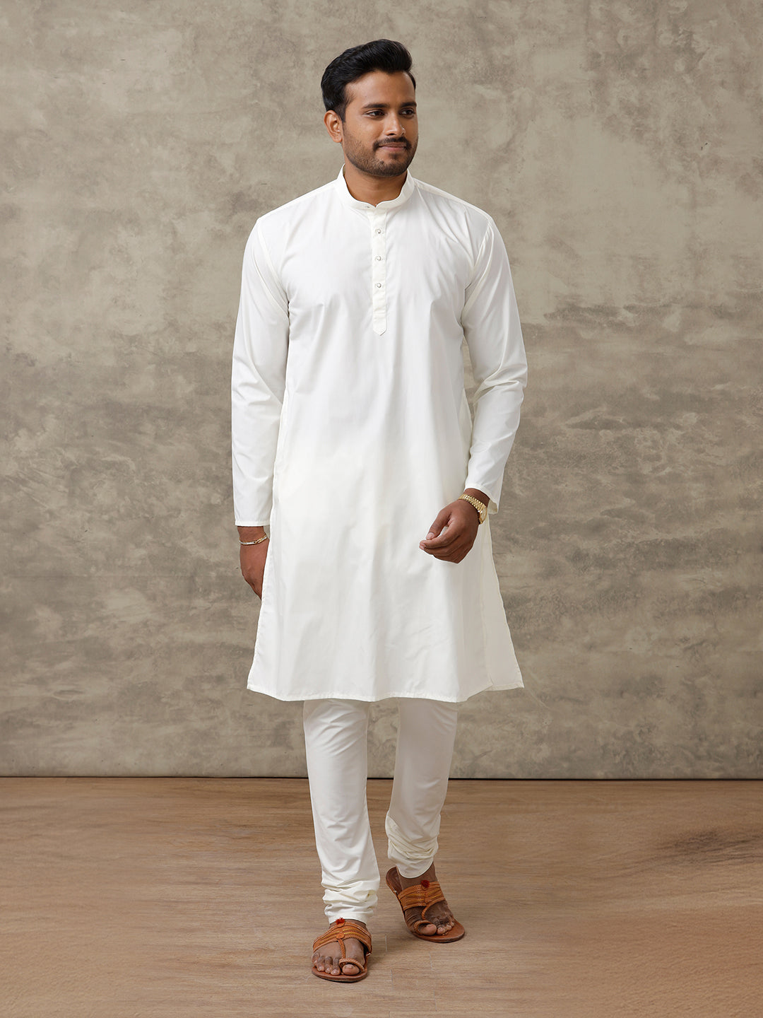 Men Cotton Full Length Cream Kurta and Pyjama Set