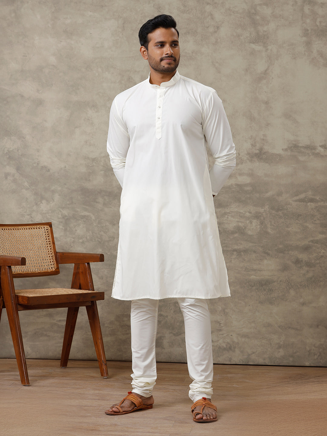 Men Cotton Full Length Cream Kurta and Pyjama Set