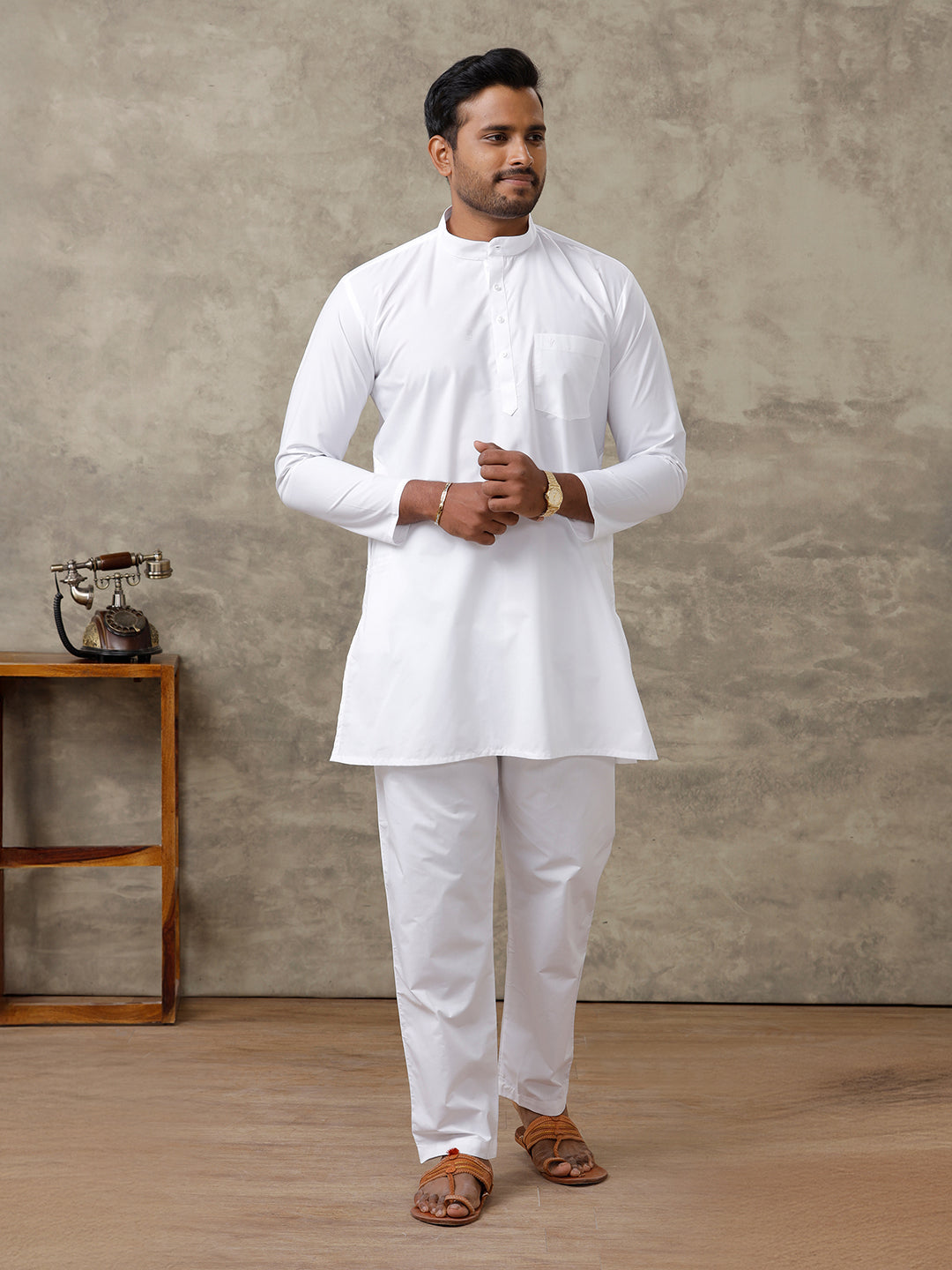 Men Cotton Medium Length White Kurta Pyjama Set - Main Image